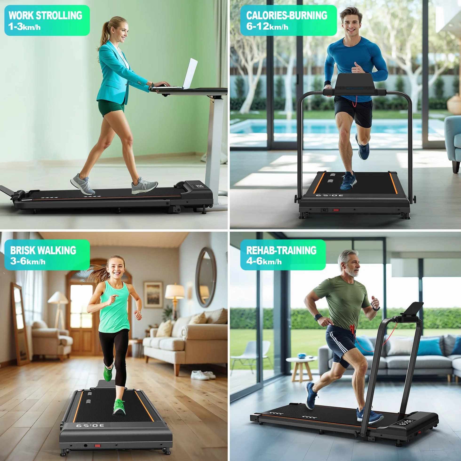 Walking Pad bieżnia do domu, bieżnia o nachyleniu 7%, silnik 2,25 HP, prędkość 1-6 km/h lub 12 km/h, 7-warstwowa powierzchnia bieżna, bez montażu
