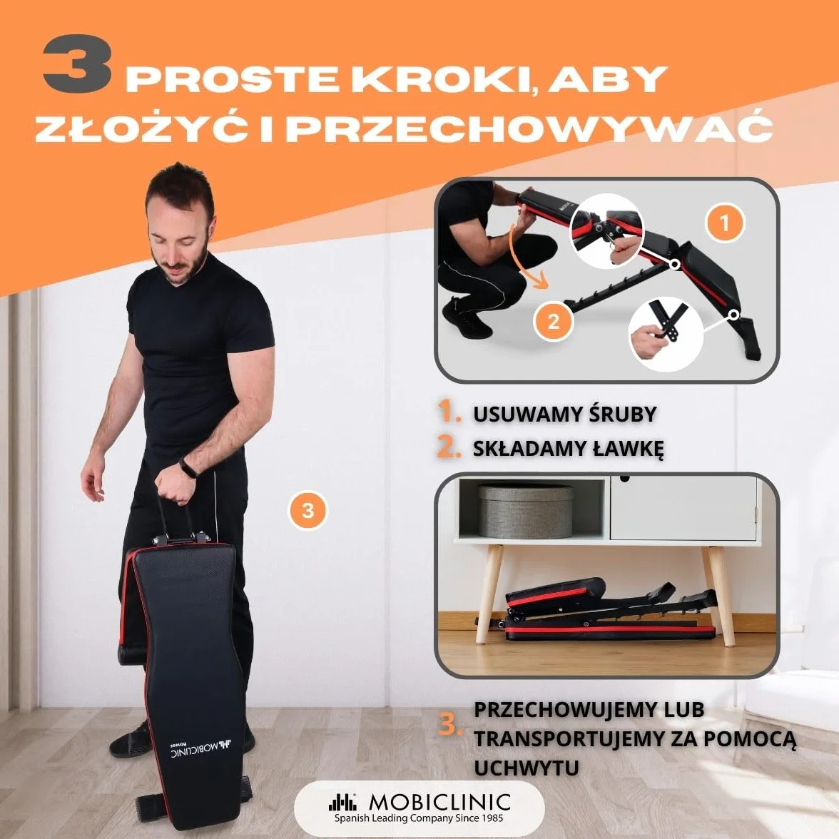 Mobiclinic® fitness, Ławka treningowa, Składana, Udźwig 200 kg, Regulowane siedzisko i oparcie, Flexfit, Wielofunkcyjna, Trening całego ciał, Mocna stabilna, Domowa łownia