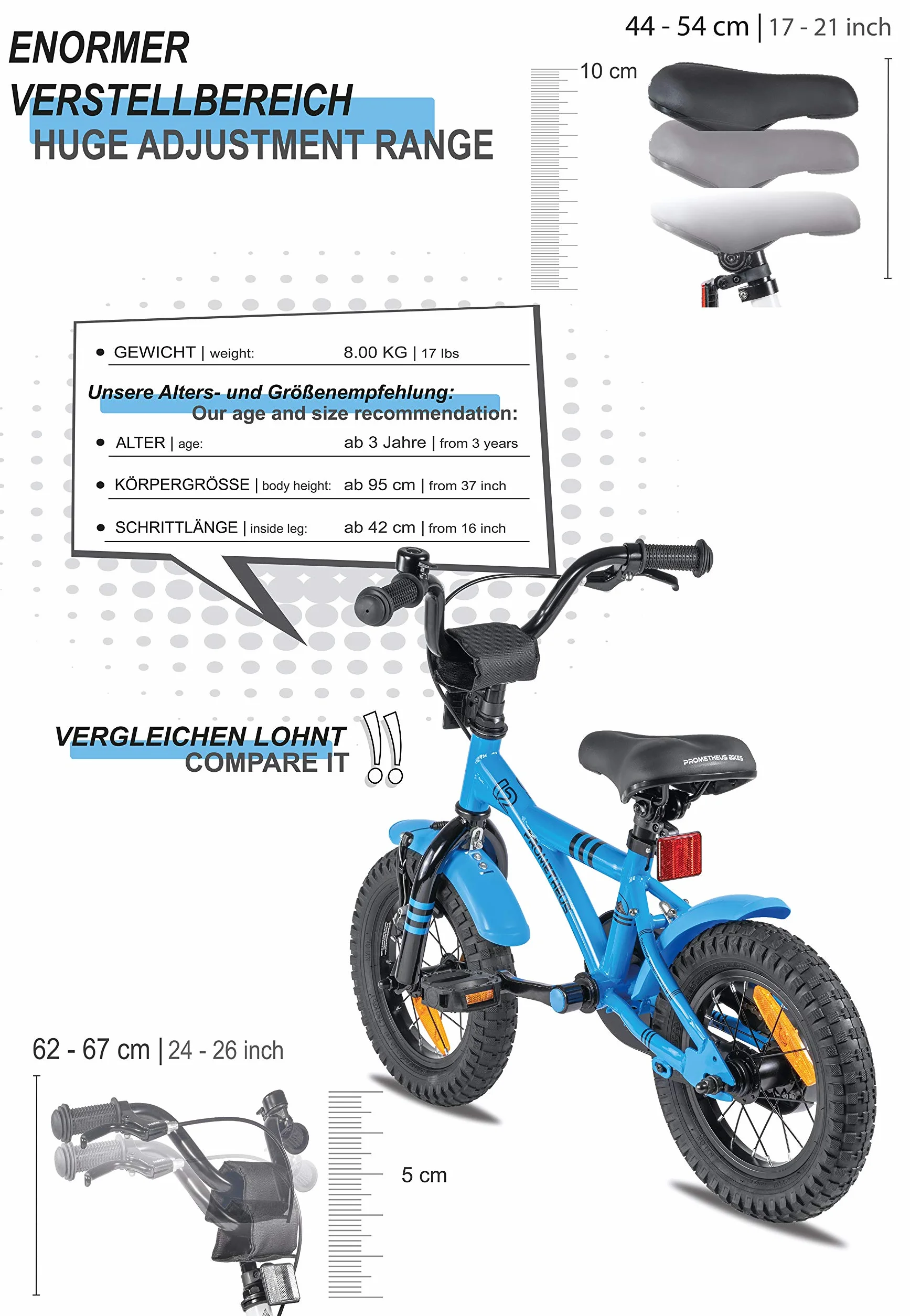 PROMETHEUS BICYCLES Rower dziecięcy od 3 lat - 12 cali Rower dziecięcy dla dziewczynek i chłopców z kółkami podporowymi i hamulcem wstecznym w kolorze niebieskim