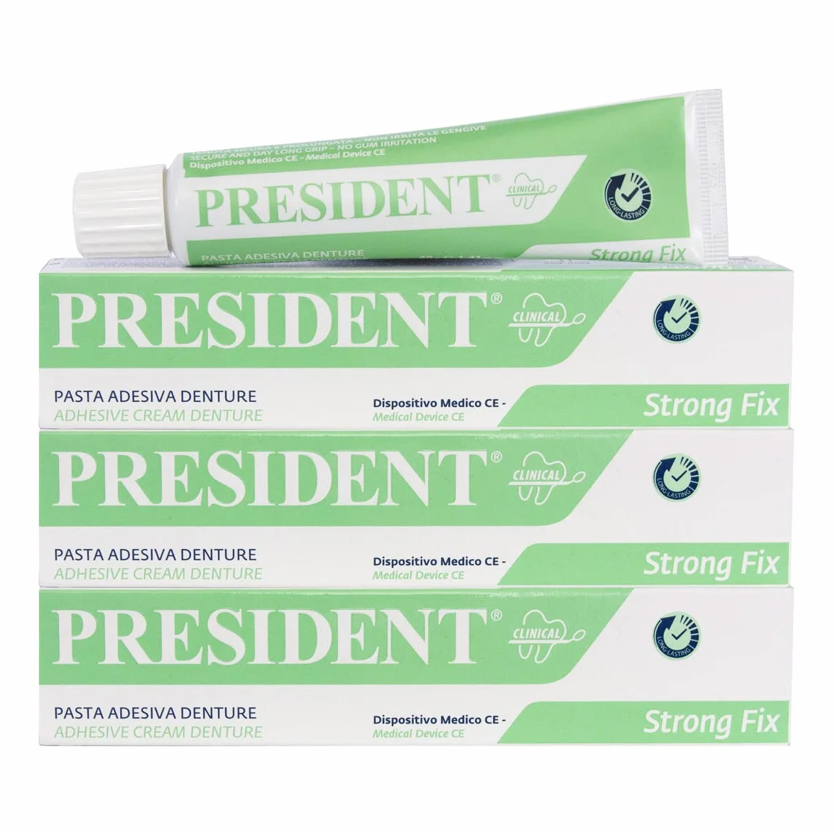 President ZESTAW 3 CZĘŚCI PASTY DENTURE. Mocne mocowanie protezy, Szybki chwyt, trwała przyczepność. Unikaj infiltracji żywności, stanów zapalnych i nieświeżego oddechu. Nie podrażnia dziąseł - 3x40g