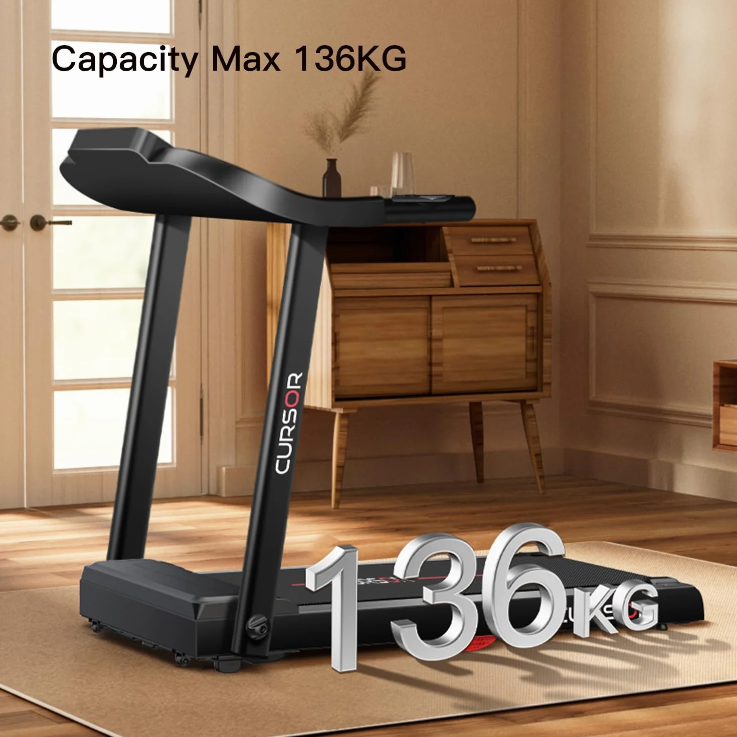 CURSOR FITNESS Bieżnia do domu, składana, 14 km/h, bieżnia z monitorem tętna, aplikacja i zmodernizowany, cichy silnik, Treadmill for Home z 12 programami treningowymi, maksymalne obciążenie 136 kg