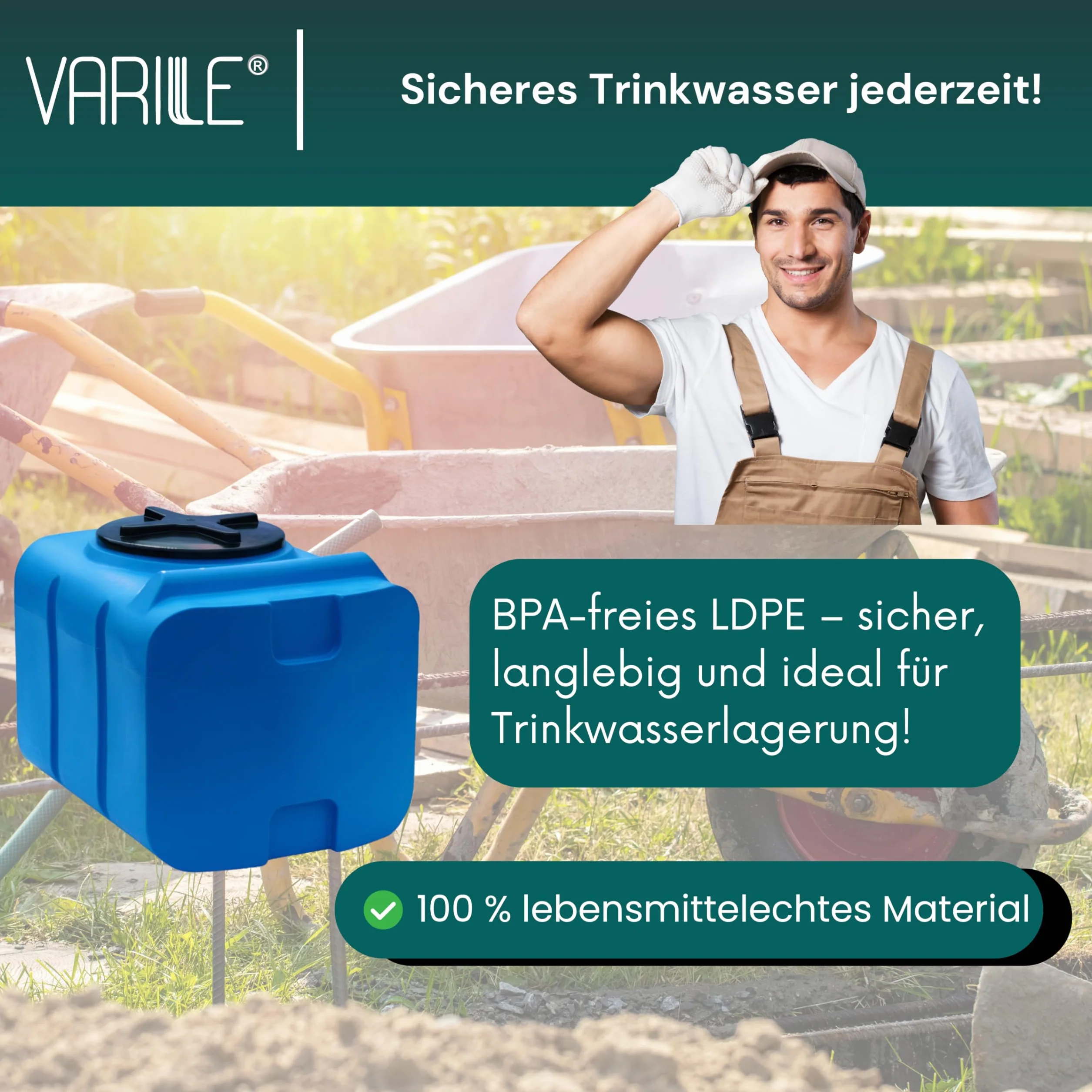 Varile Zbiornik na wodę pitną 200 l, niebieski – nadaje się do kontaktu z żywnością, nie zawiera BPA, odporny na promieniowanie UV, z mosiężnym gwintem 3/4" do wszechstronnego zastosowania