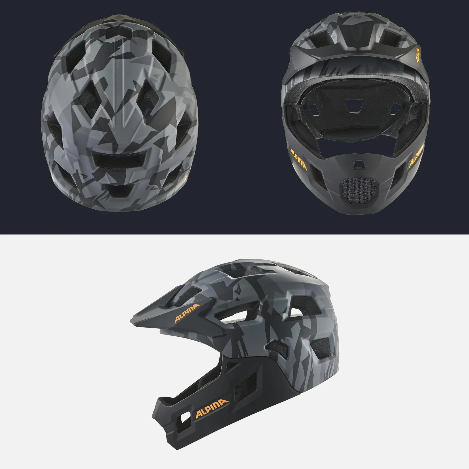ALPINA RUPI, black-camo orange matt, 50-55 cm, fullface kask dla dzieci, optymalna ochrona i bezpieczeństwo, indywidualnie dopasowany