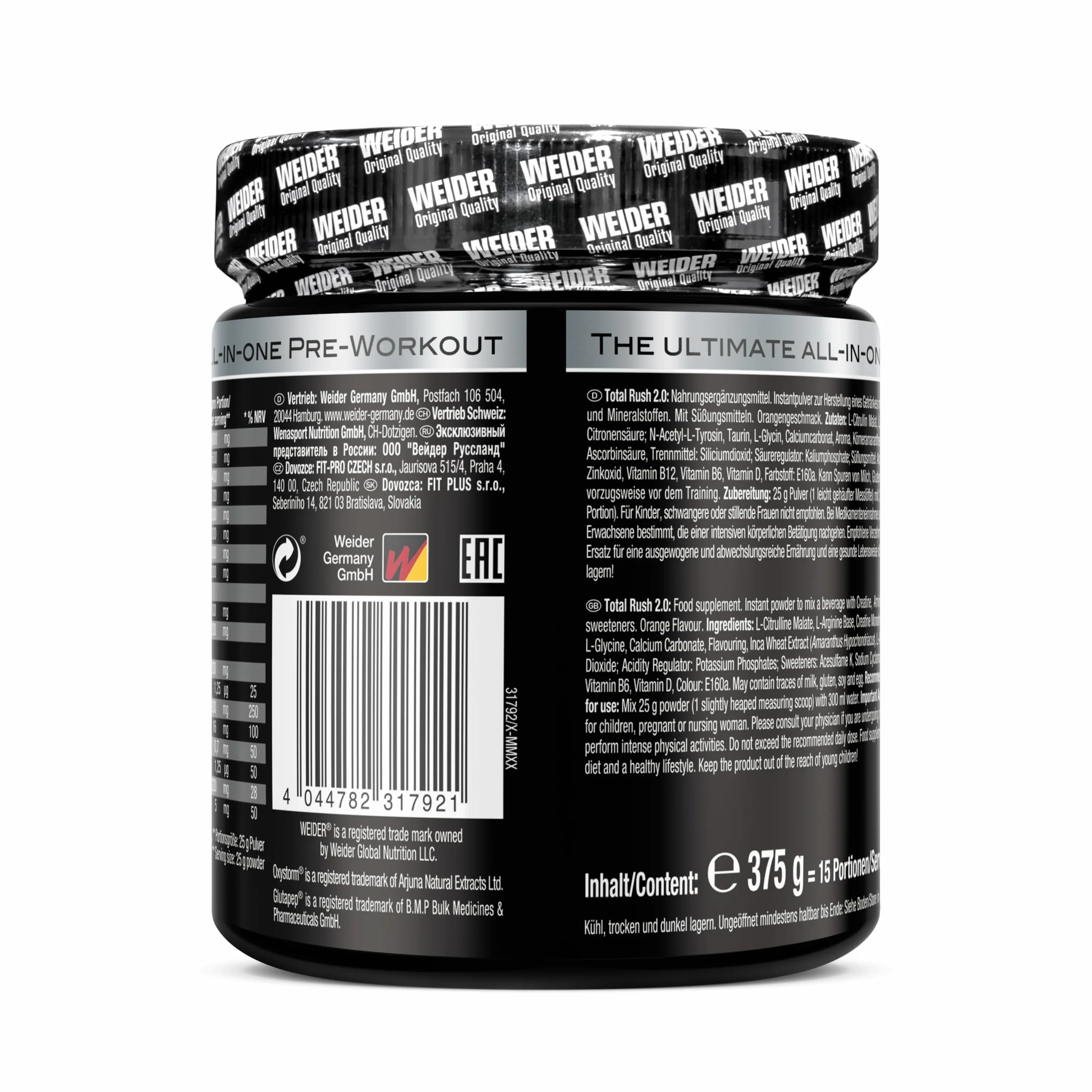 Weider Total Rush 2.0 375 g - Przedtreningówka na Wydajność, Energię i Siłę, Z L-Cytruliną, L-Argininą, Kofeiną i Kreatyną, Smak Pomarańczowy