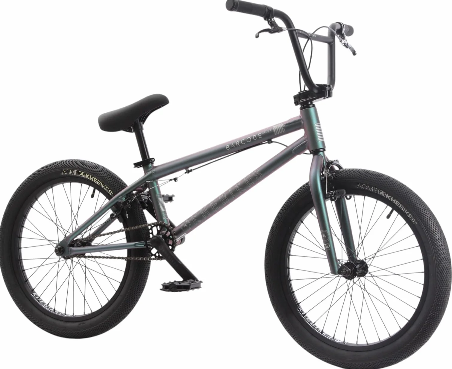 KHEbikes KHE Barcode LL rower BMX 20", 10,4 kg, aluminiowa rama, Affix Rotor, triki 360°, obręcze dwukomorowe, zielone klapki Flip Flop, 2025