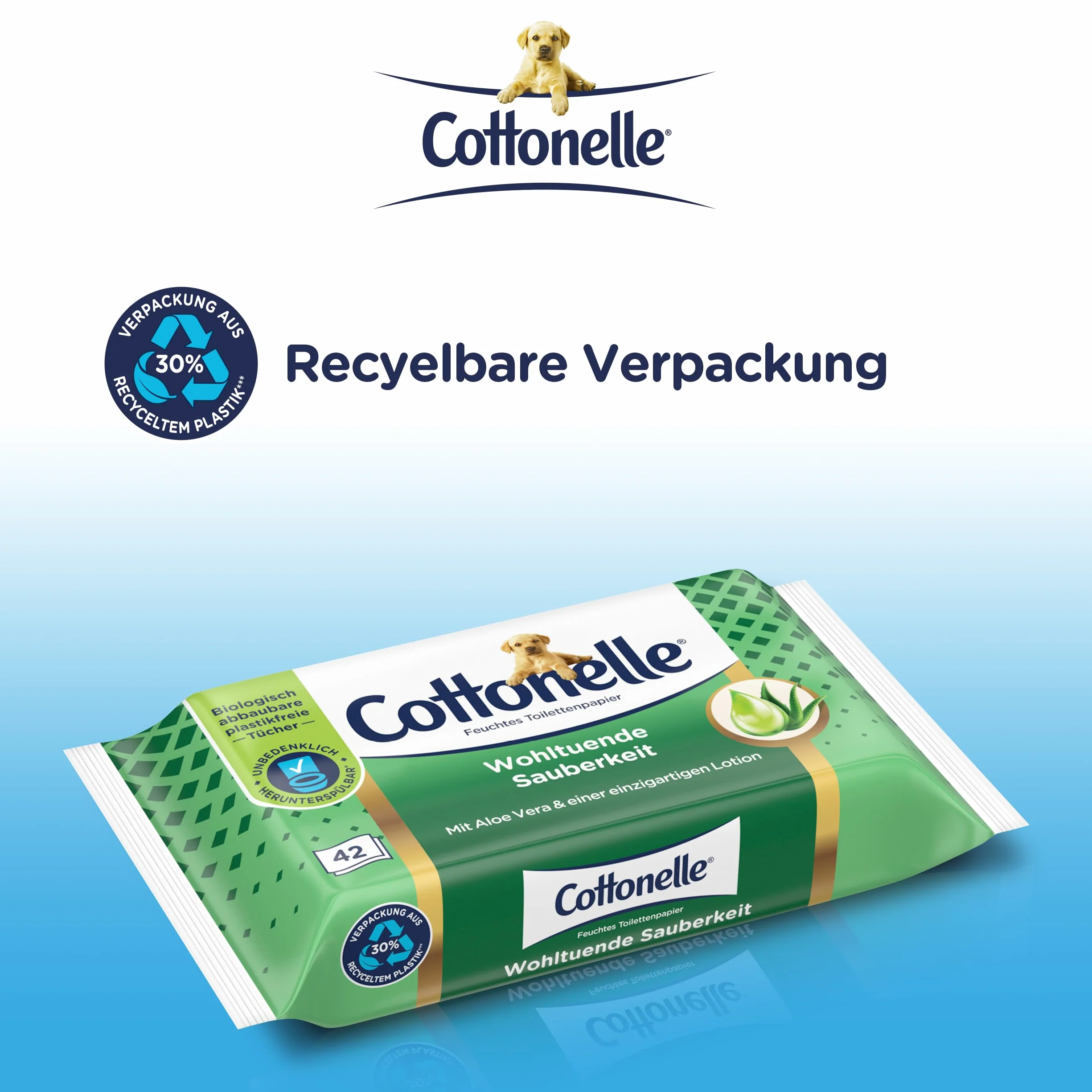 Cottonelle Wilgotny papier toaletowy, kojąca czystość, z balsamem prebiotycznym, biodegradowalny, nie zawiera plastiku, możliwość ponownego zamknięcia, 12 x 42 chusteczki nawilżane