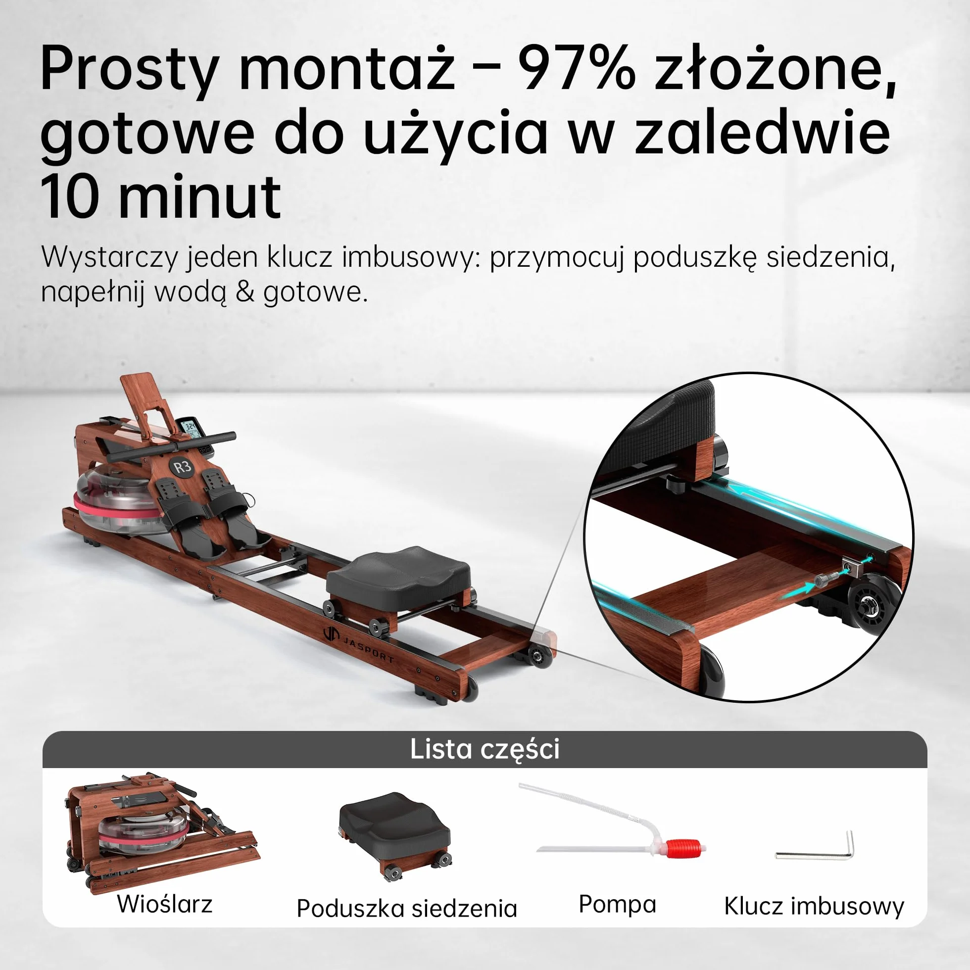 R3 składana maszyna wiosłarska z drewna dębowego, wyświetlacz LCD Bluetooth, kompatybilna z Kinomap, zbiornik 28L, 150 kg