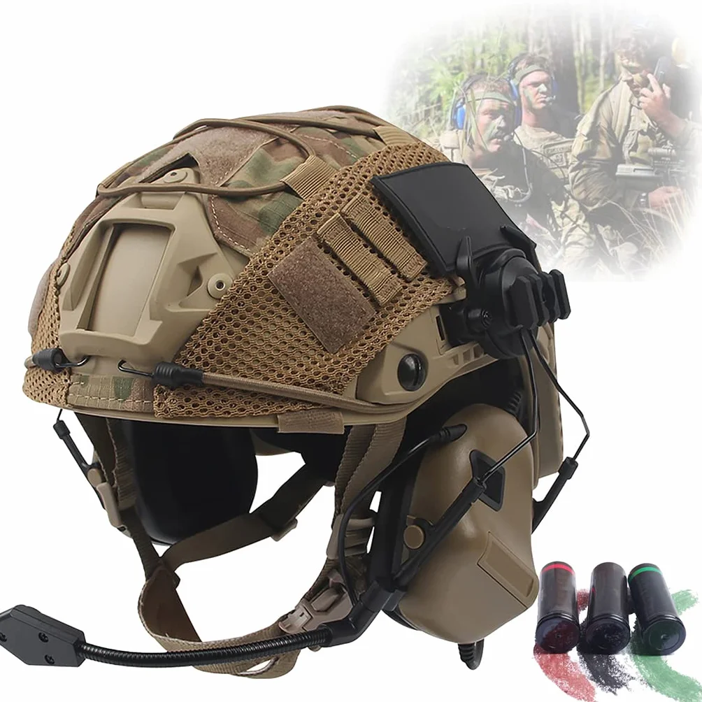 Airsoft Fast Helmet Taktyczny Hełm z Zestawem Słuchawkowym Wielokamowym i Kamuflażową Kasetą Farby CS