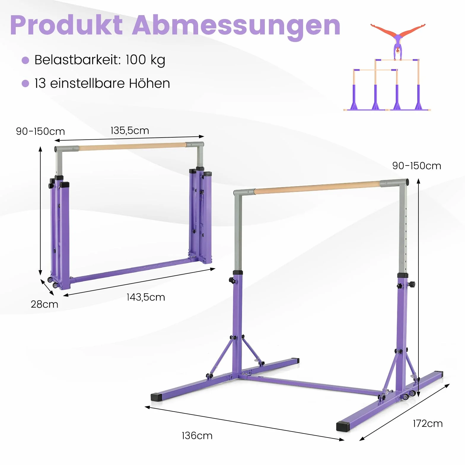 COSTWAY Drążek gimnastyczny z regulacją wysokości, drążki gimnastyczne do 100 kg, drążek do ćwiczeń, do użytku w pomieszczeniach, do treningu domowego