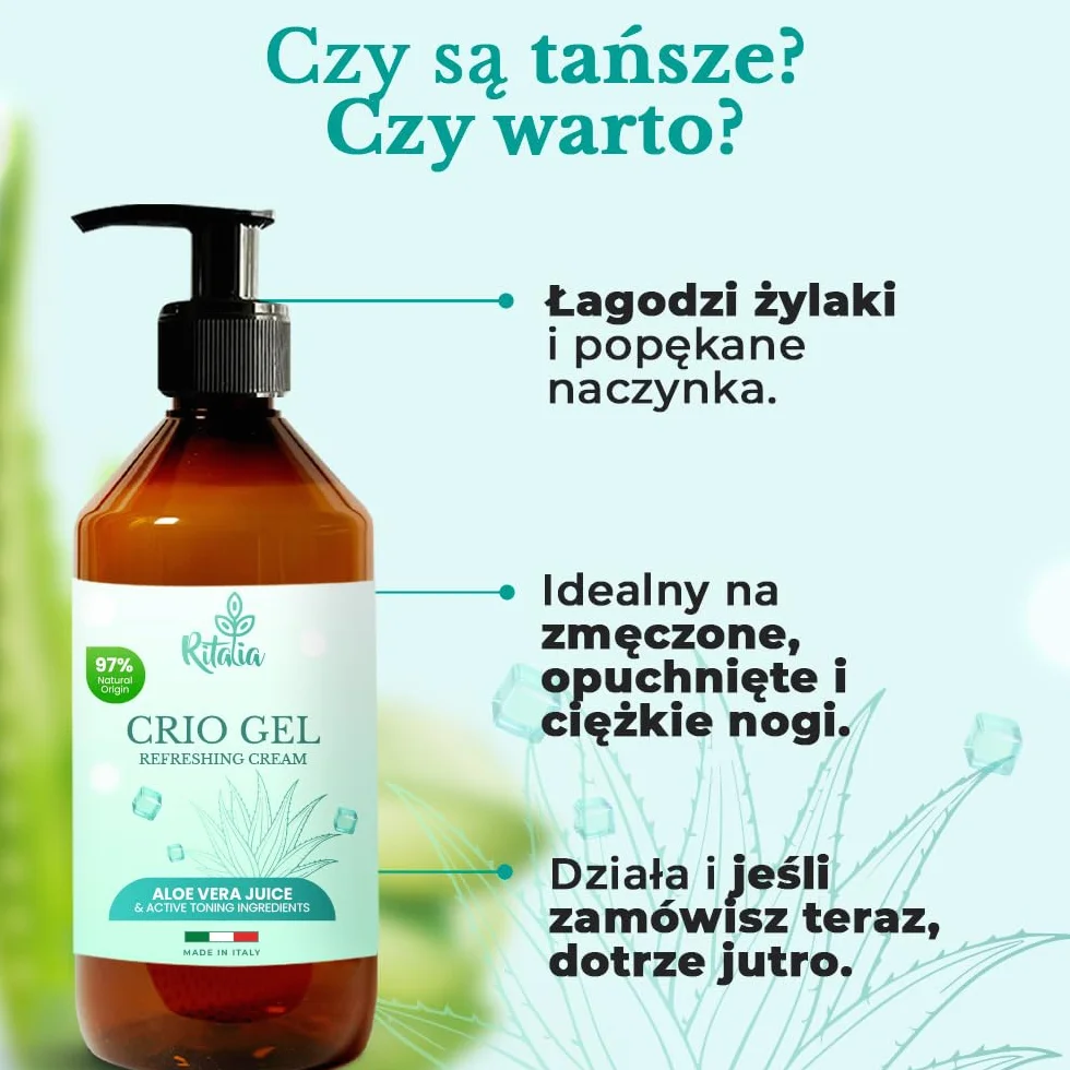 Ritalia® 250 ml KREM na żylaki efekt chłodzący Cryo gel BIO NA CIĘŻKIE NOGI KRĄŻENIE pajączki naczyniowe opuchnięte nogi i stopy silna ulga przeciwzapalna