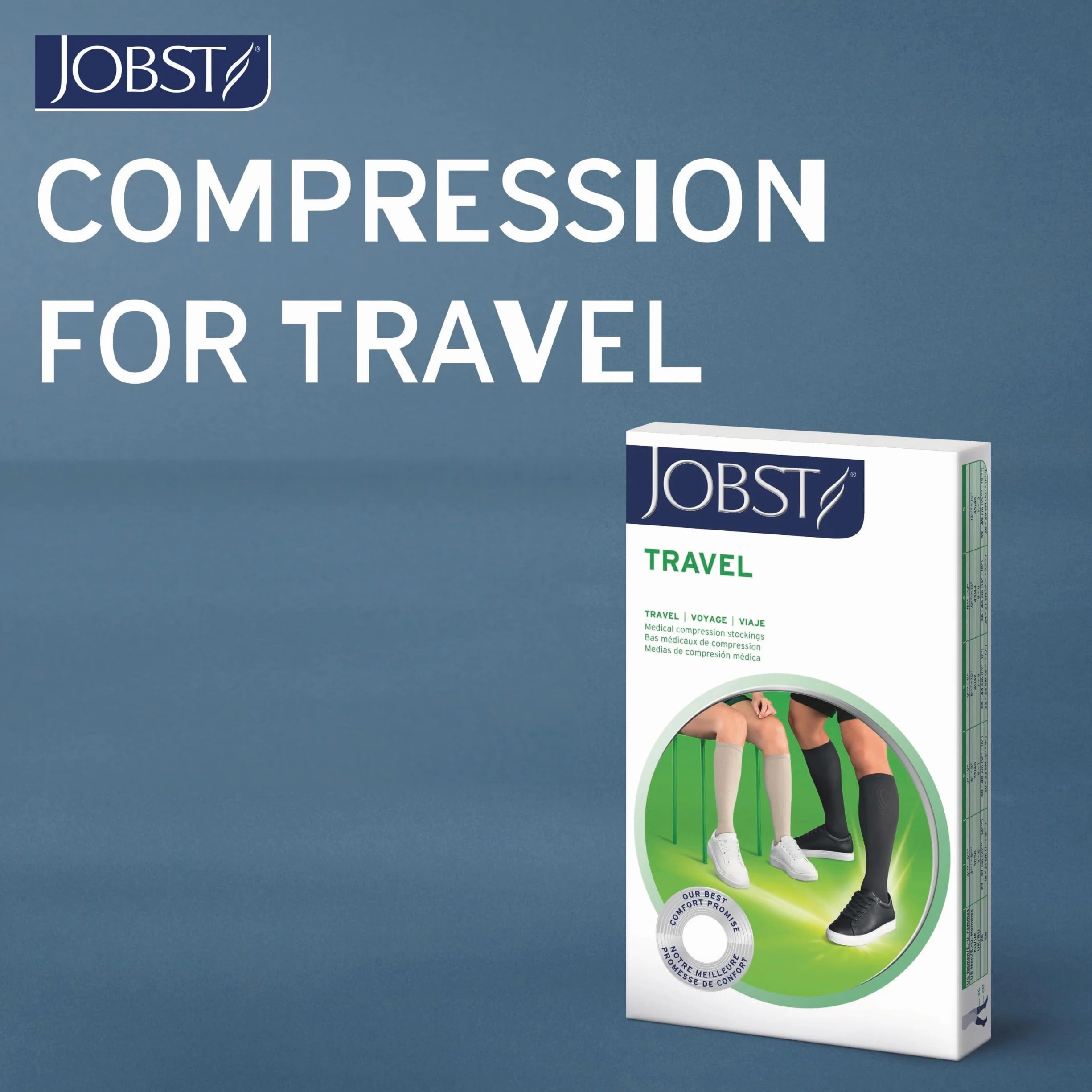 JOBST Podróżne pończochy podróżne dla kobiet i mężczyzn – pomagają zapobiegać zakrzepicy podróżnej – miękkie, oddychające dzięki 33% zawartości bawełny, czarne, rozmiar 4