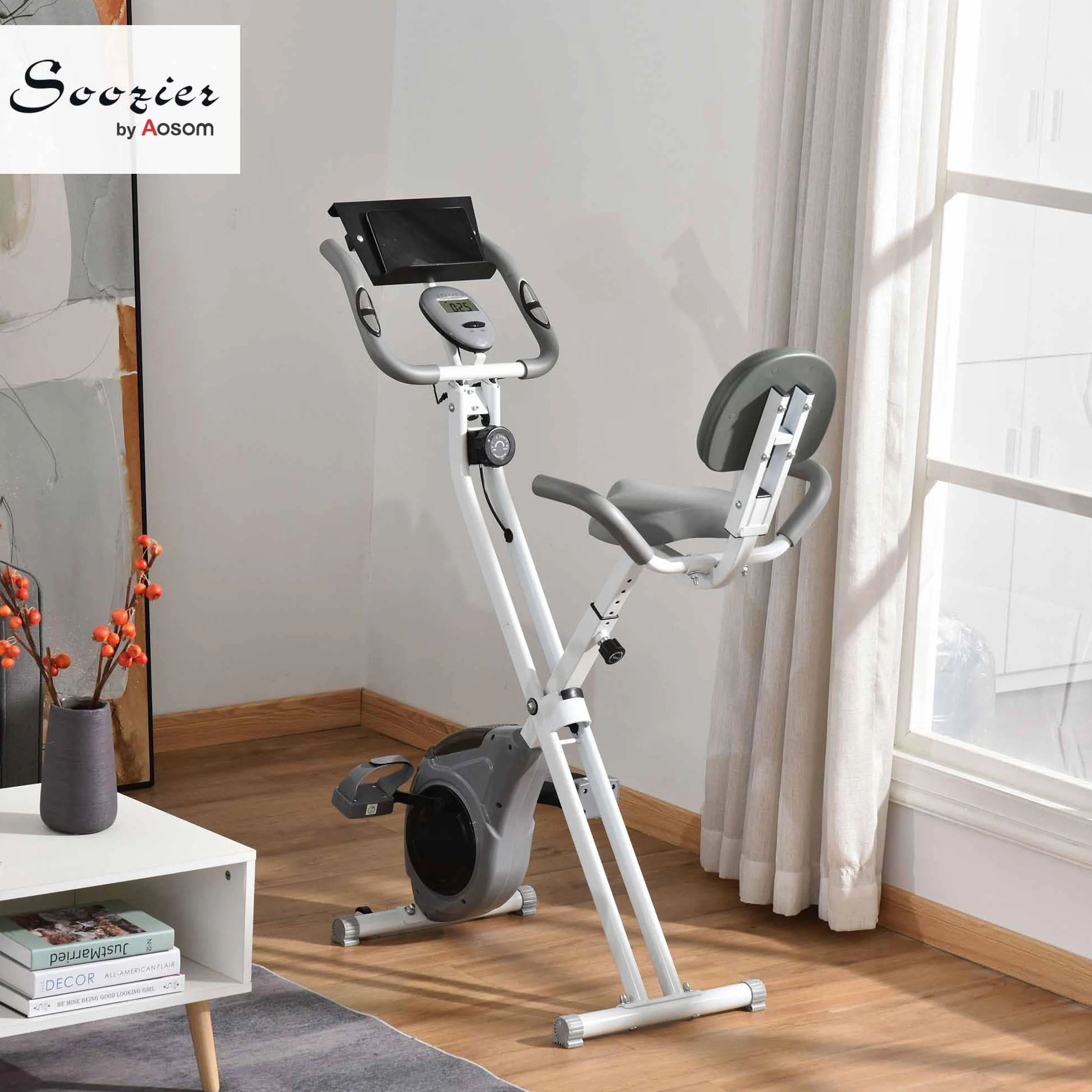 HOMCOM Magnetyczny rower treningowy składany rower fitness rower wewnętrzny duży komfort regulowane oparcie siodełka uchwyty na ekran LCD wielofunkcyjny uchwyt na tablet stalowy biały szary