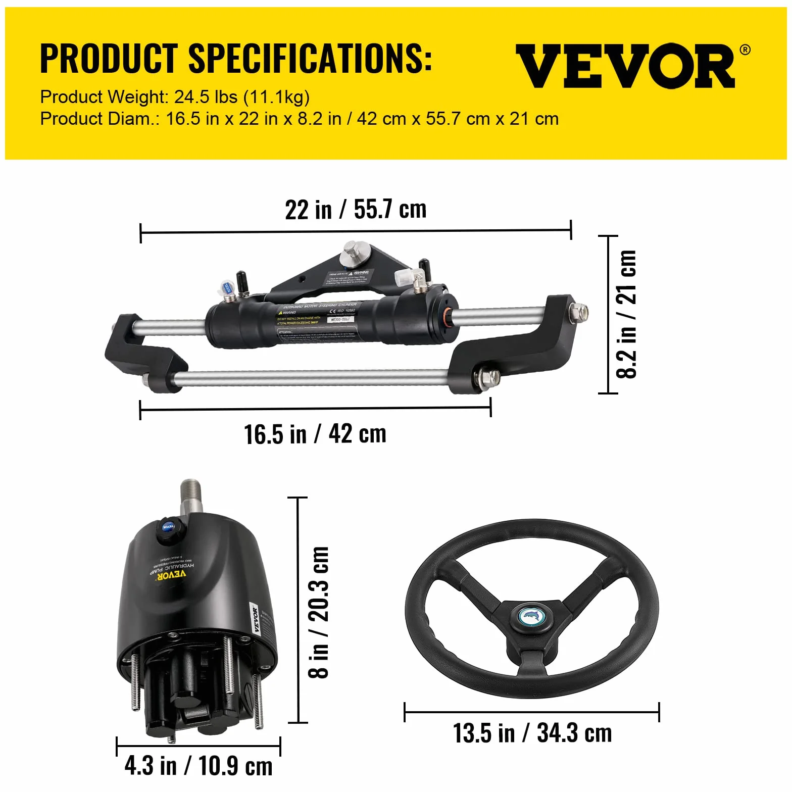 VEVOR Hydrauliczny zestaw kierowniczy do łodzi 300 KM, wąż 20 m, do sterowania zaburtowego