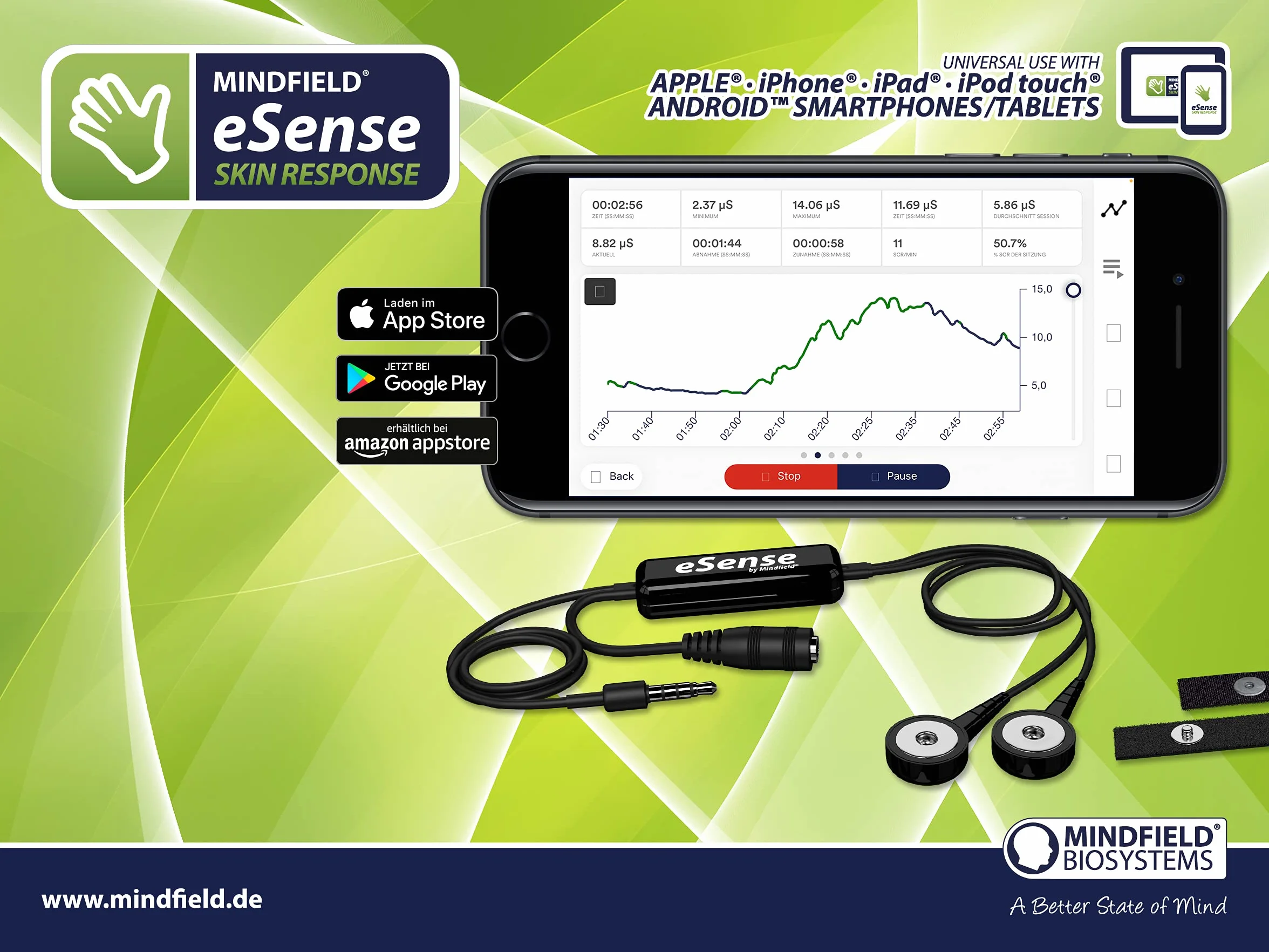 Mindfield eSense Skin Response - czujnik przewodności skóry | Trening Biofeedback i zarządzanie stresem | Z aplikacją na iPhone i Android