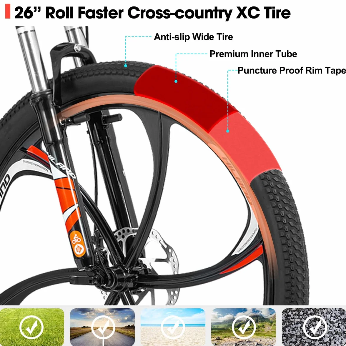 Hiland rower górski MTB 26", z aluminiową ramą, hamulec tarczowy, widelec amortyzowany 3/6, koła szprychowe, dla młodzieży, dla mężczyzn, kobiet, chłopców, dziewczynek, czarny/biały