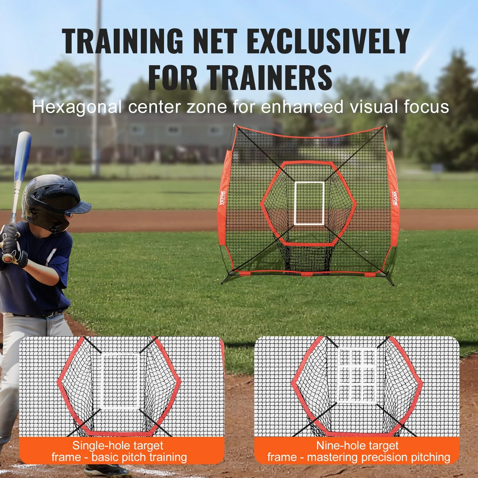 VEVOR 2,1 x 2,1 m siatka treningowa do softballu, przenośna siatka treningowa do uderzania, łapania mrugnięcia, sprzęt baseballowy, pomoce treningowe z ramą kokardową, torbą do przenoszenia i strefą