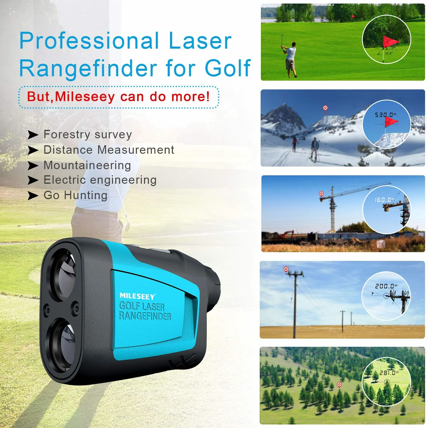 Mileseey Profesjonalny laserowy dalmierz golfowy 600 jardów z kompensacją nachylenia, wysoka precyzja ± 0,55 jarda, szybkie zapięcie masztu, powiększenie 6x, pomiar odległości/kąta / prędkości do golfa, polowania