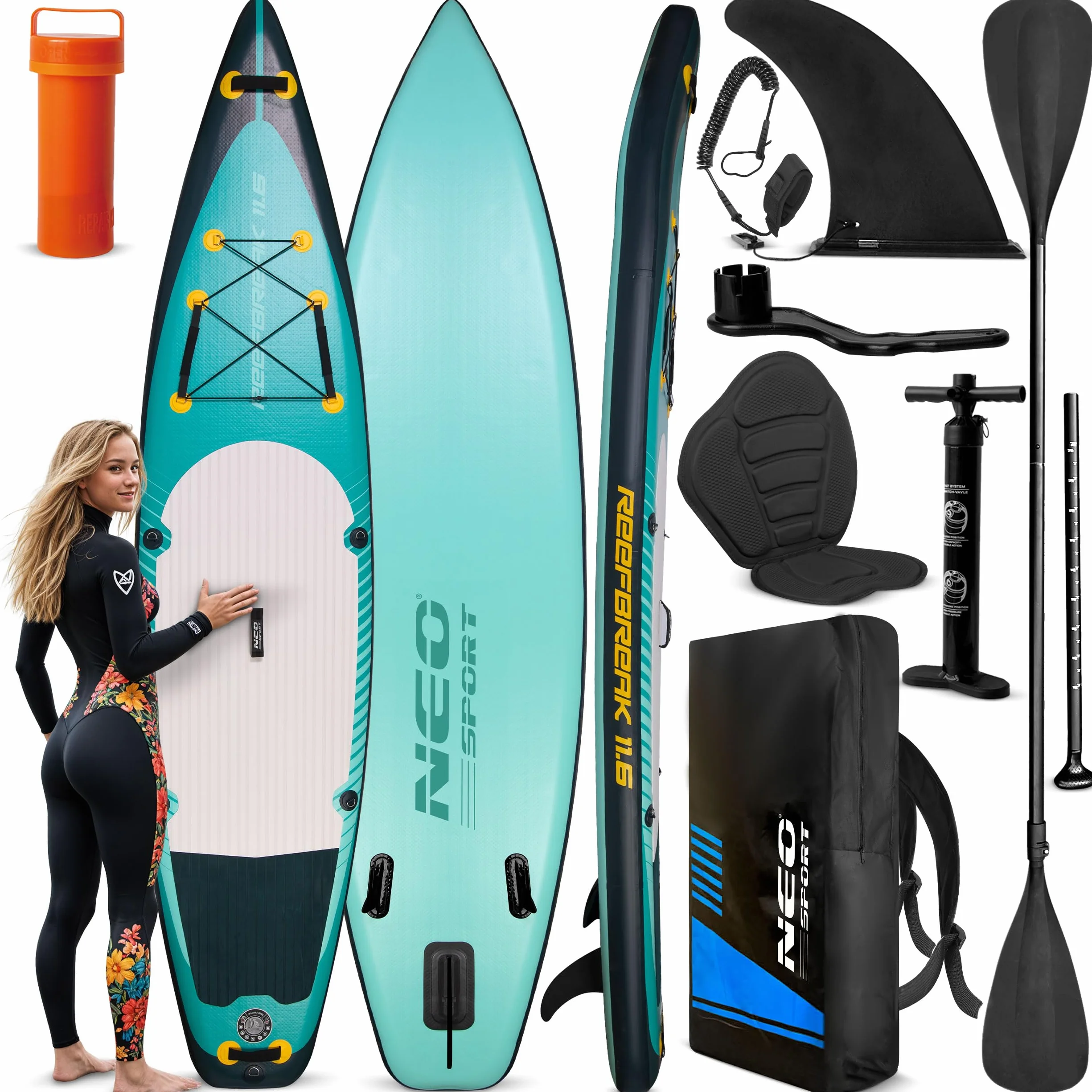 Neo-Sport deska SUP Reefbreak 350cm pompowana kompletna z wiosłem siedziskiem i plecakiem