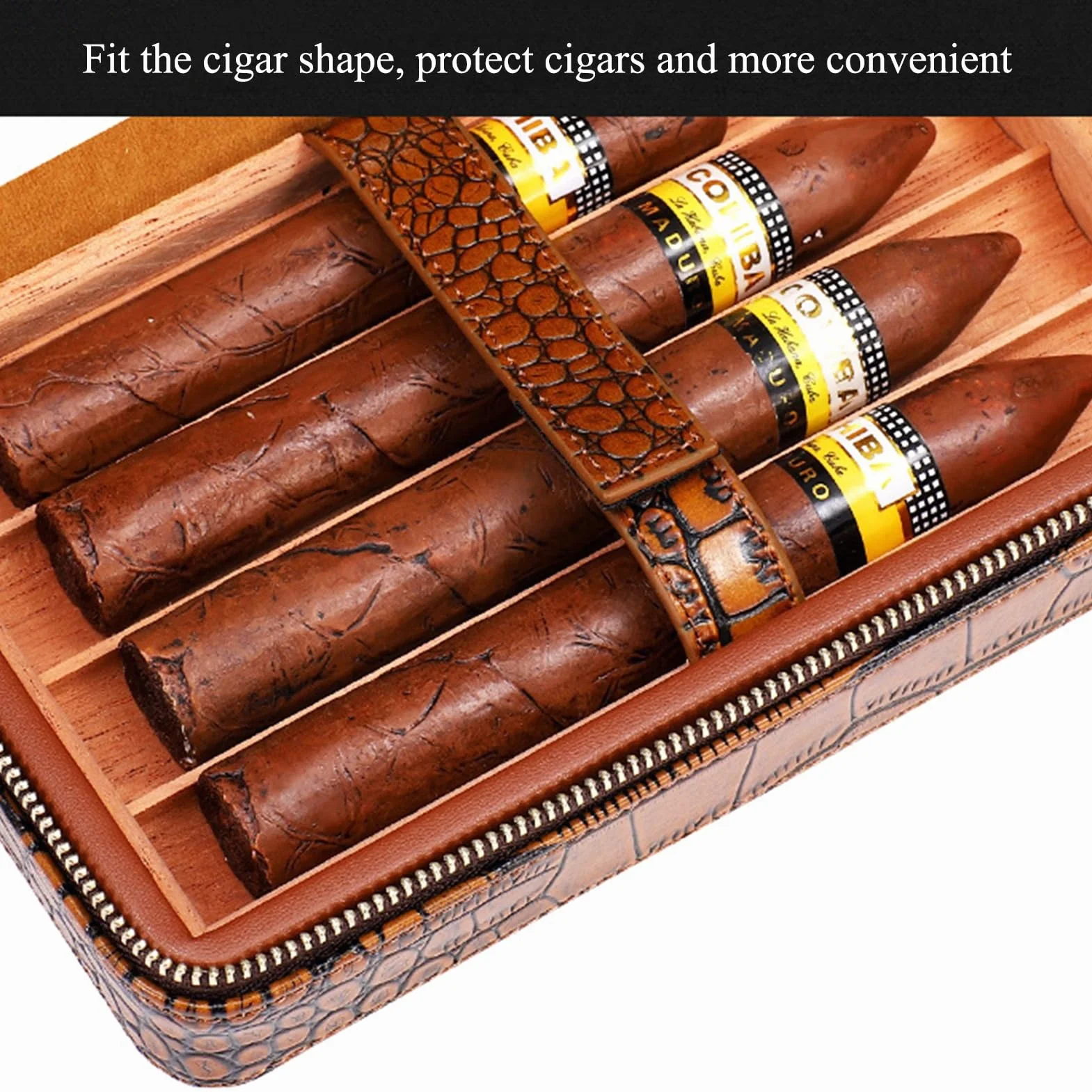 Cigar Humidor Box For 4 Cigars Cedar Wood Lined Leather Cigar Case Portable Travel Cigar Holder With Humidifier(Brown)