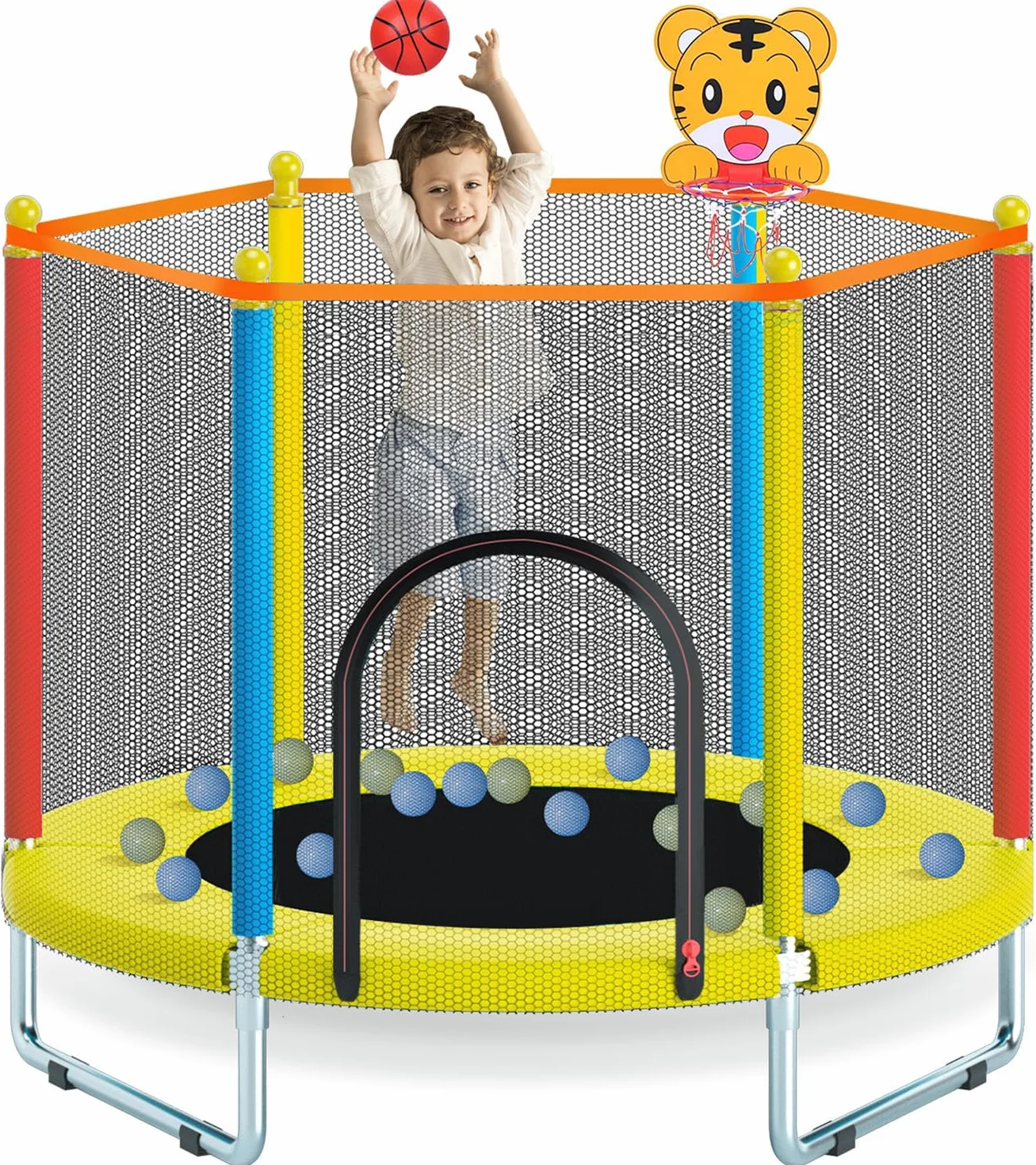 Trampolina dziecięca 150 cm, do użytku wewnątrz i na zewnątrz, z siatką zabezpieczającą, mini trampolina dla dzieci łącznie z koszem do koszykówki, wytrzymała mata do skakania, dla chłopców i