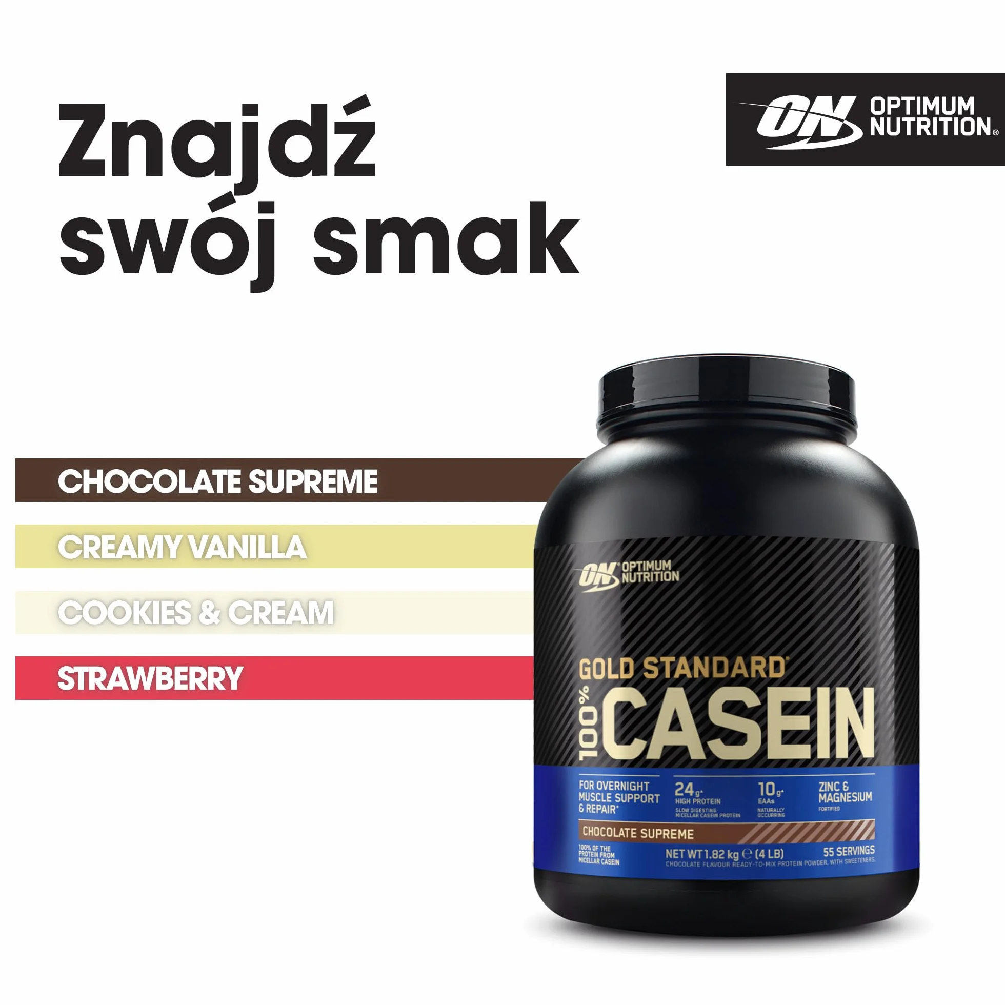 Optimum Nutrition Gold Standard 100% Casein Wolno przyswajalna odżywka na noc z cynkiem, magnezem i aminokwasami, wspomagająca wzrost i odbudowę mięśni, smak Chocolate Supreme, 55 porcji, 1,82 kg