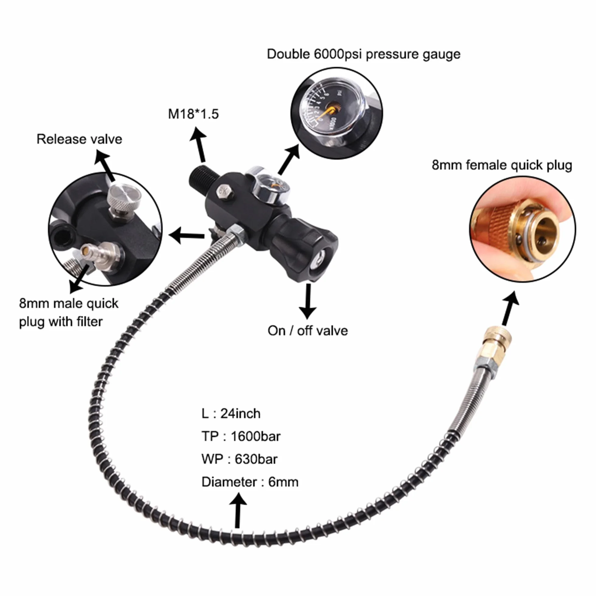 TUXING 6,8 l/414ci zbiornik powietrza HPA z włókna węglowego (nie DOT), system pneumatyczny PCP 4500 psi podwójny zawór pomiarowy 61 cm wąż wysokociśnieniowy z podwójnym szybkozłączką