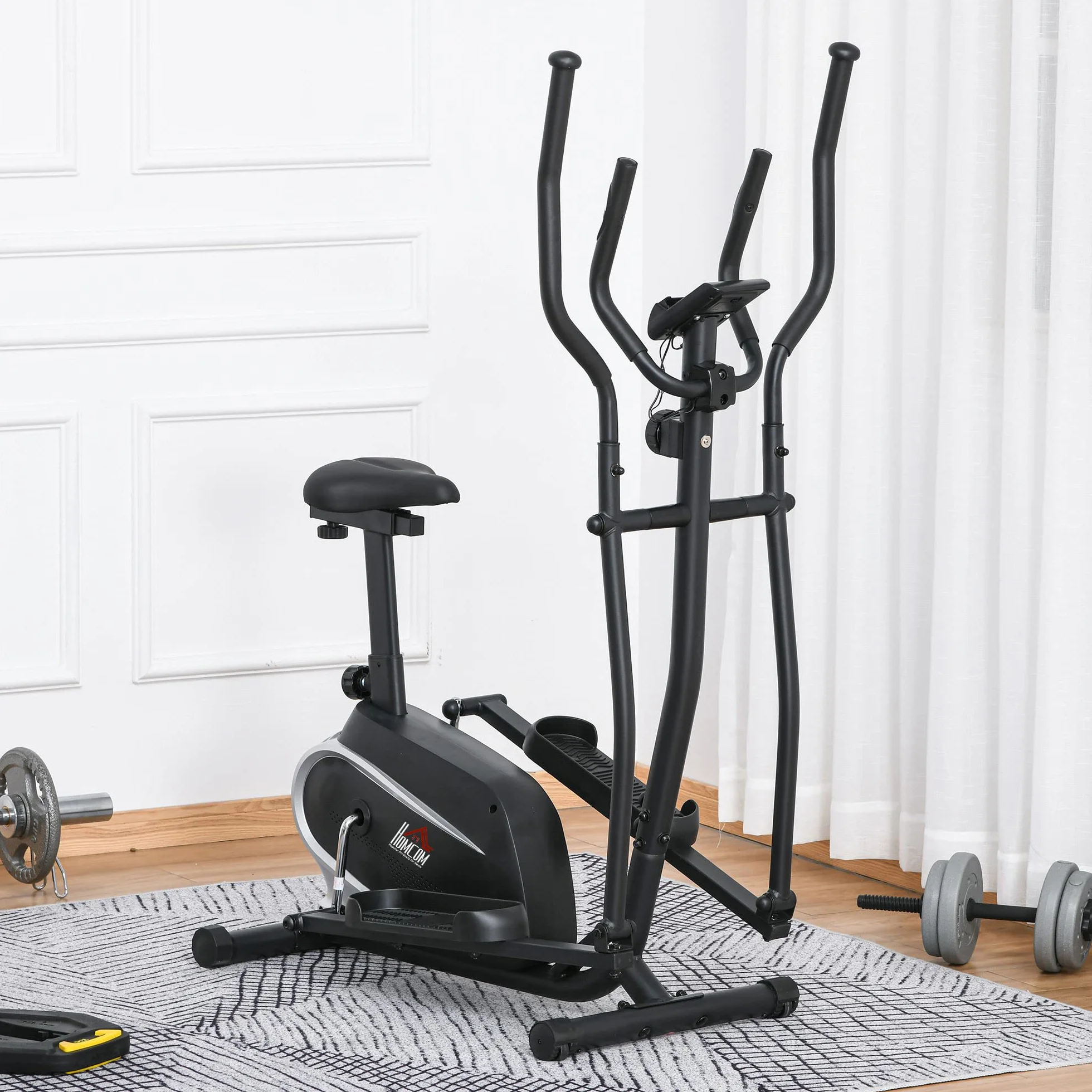 Rower eliptyczny HOMCOM 2 w 1 eliptyczny rower treningowy z monitorem LCD trenażer z regulowaną wysokością siodełka 8 poziomów 2 koła stal PVC ABS kolor czarny 103 x 62 x 151 cm