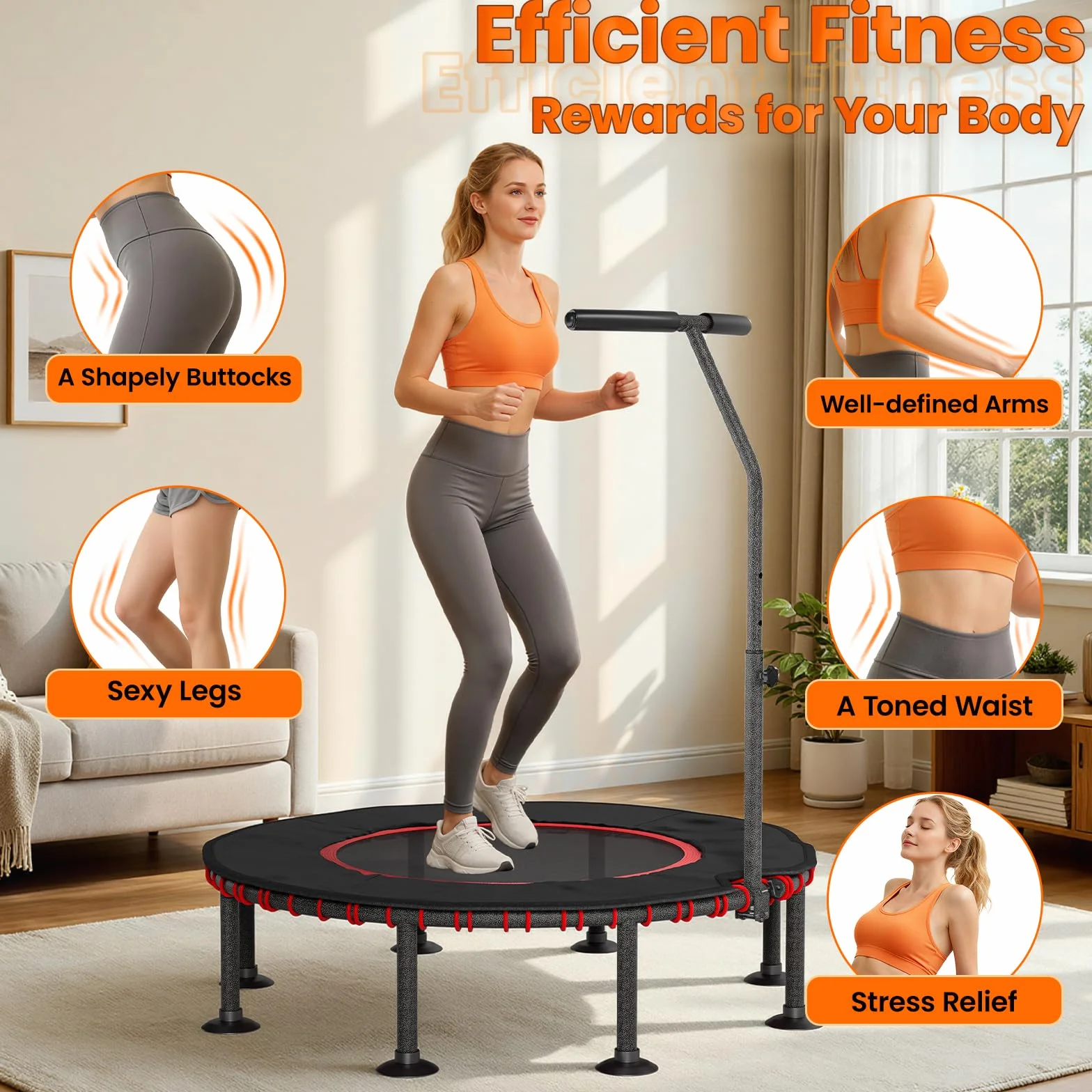 LIFERUN Trampolina fitness do użytku wewnątrz Ø 102/122 cm, mini gumowe linki, trampolina, udźwig 150 kg, wyściełany pokrowiec ochronny, regulowany uchwyt, dla dorosłych, stabilna, cicha, do domu