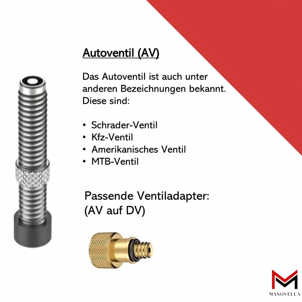 Manovella Zestaw adapterów do wentyli rowerowych AV DV SV – 3 adaptery + zestaw akcesoriów z 3 igłami do piłek i adapterem stożkowym – do wentyla samochodowego Schrader, Dunlop, Presta – z