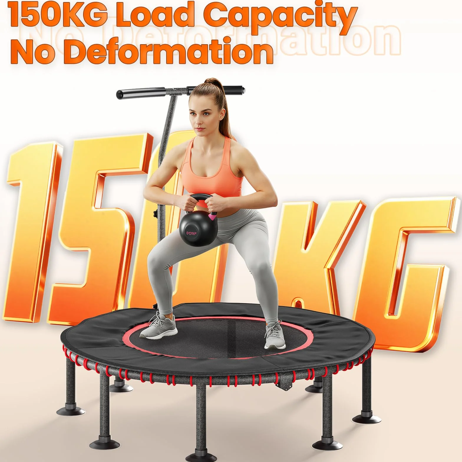 LIFERUN Trampolina fitness do użytku wewnątrz Ø 102/122 cm, mini gumowe linki, trampolina, udźwig 150 kg, wyściełany pokrowiec ochronny, regulowany uchwyt, dla dorosłych, stabilna, cicha, do domu