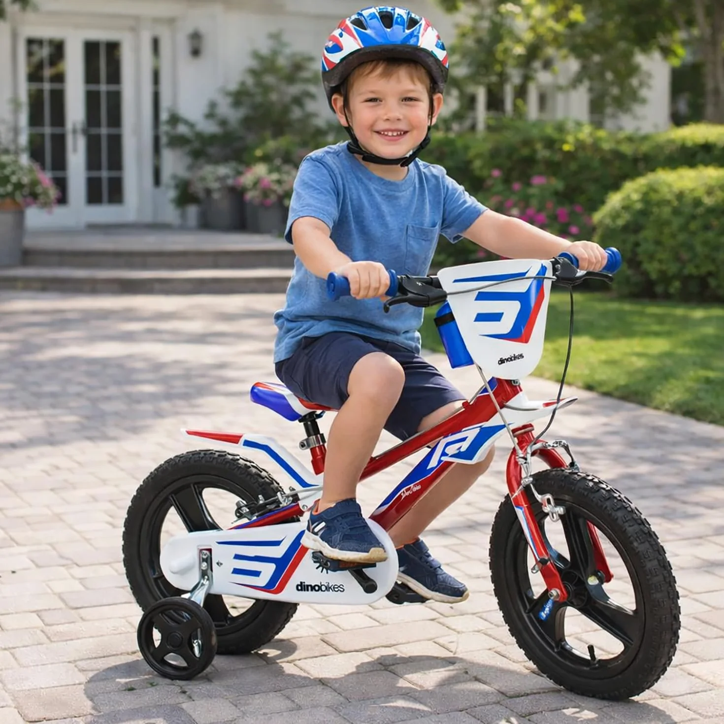 Dino Bikes Rower dziecięcy dla chłopców 14 cali z hamulcami na kierownicy, koła podporowe, czerwony, niebieski, biały