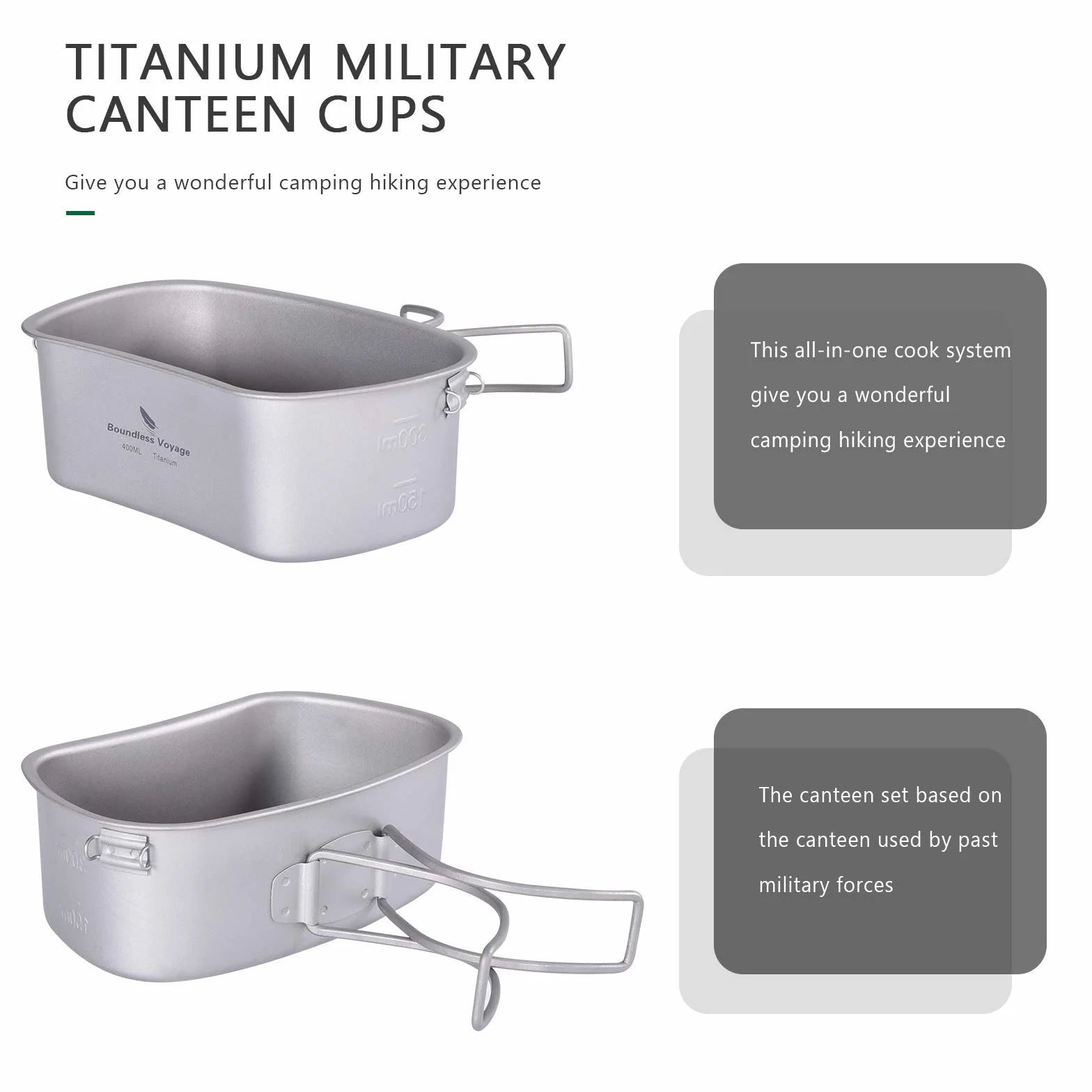 Boundless Voyage Tytanowa butelka polowa 1100 ml, pojemność 750 ml, 400 ml, kubek outdoorowy, naczynia do gotowania, wojskowe, stołówka, zestaw do gotowania, butelka na wodę z nerkami, z woreczkiem