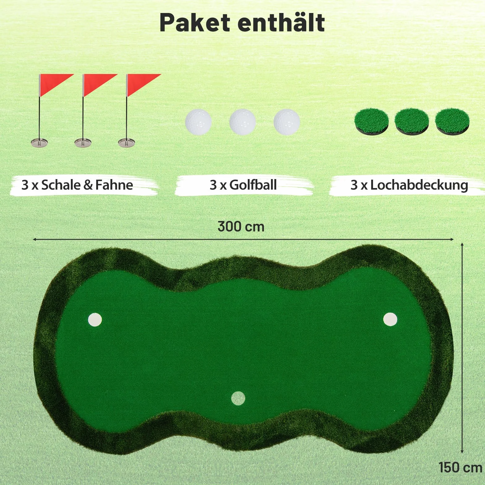 COSTWAY mata do ćwiczeń golfowych 300x150 cm 3 otwory z piłkami