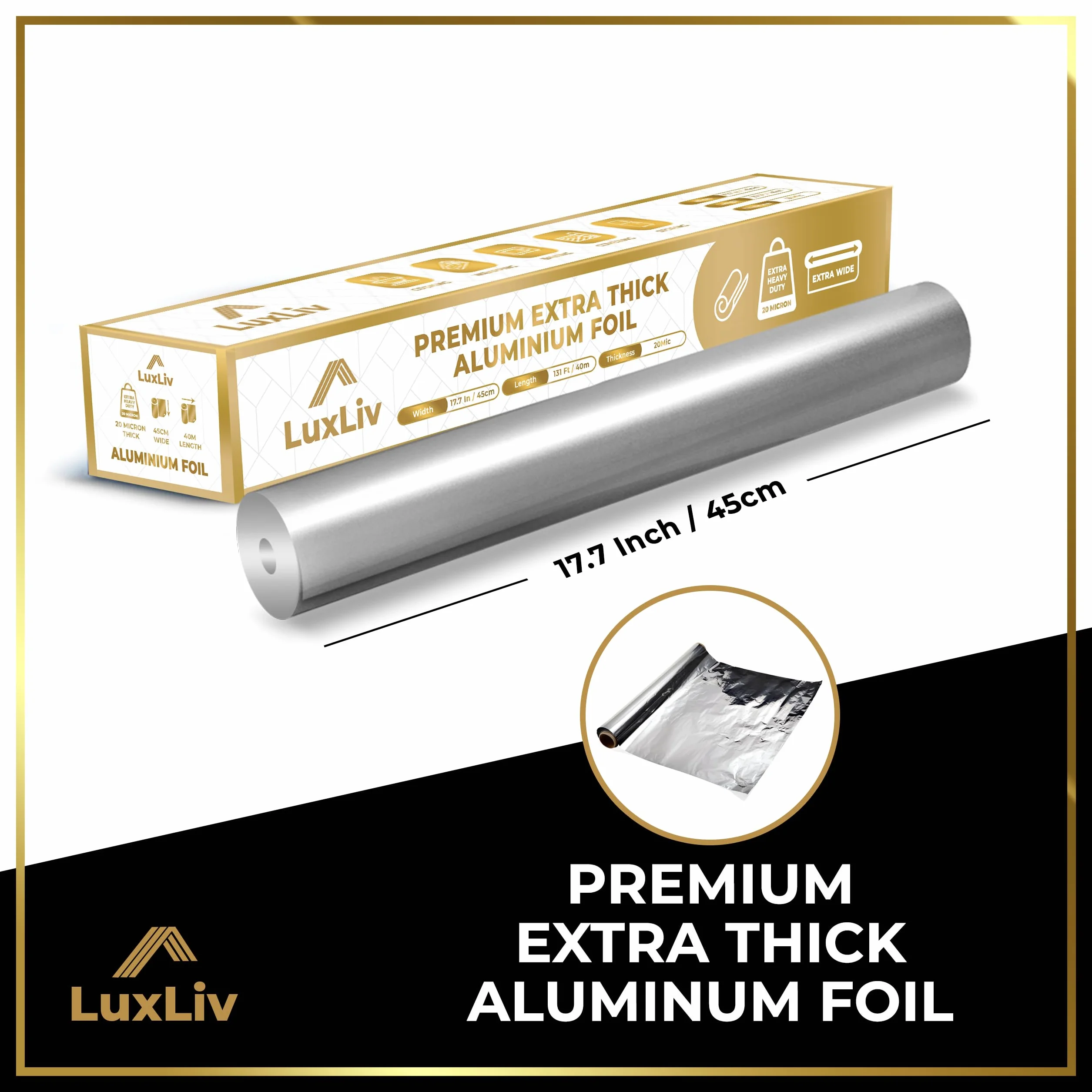 Bardzo szeroka aluminiowa folia na rolkę o bardzo dużej wytrzymałości – 45,7 cm x 39,9 m długości, grubość 20 mikronów, 17,9 m² – klasa komercyjna i bardzo gruba, do grillowania, gotowania w domu