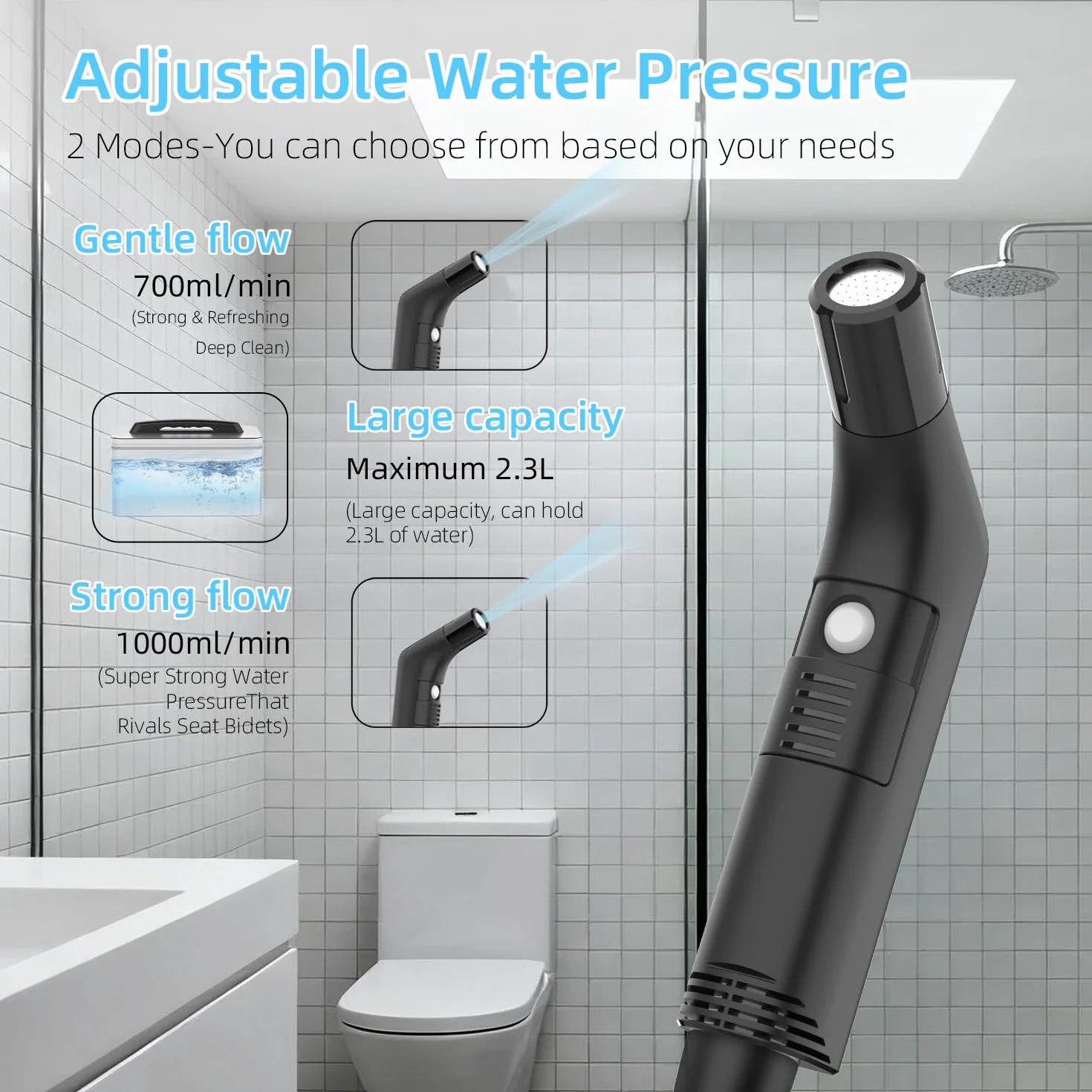 Przenośny bidet do podróży z miękkim i mocnym trybem ciśnienia wody, bidet podróżny z ładowaniem USB-C, duży zbiornik na wodę 2,3 l, do użytku domowego i kempingowego (czarny)