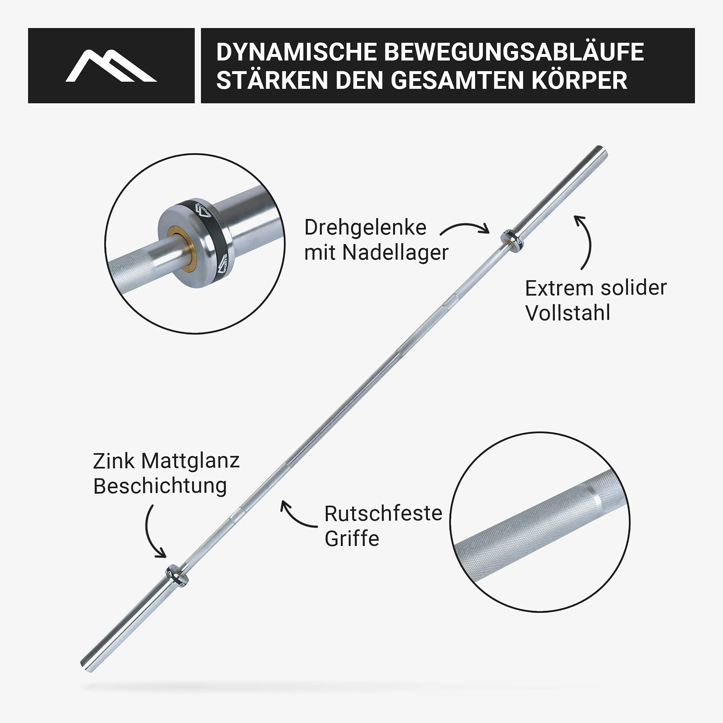 Olympia Professional sztanga długa, srebrna, matowa, jakość premium, z łożyskami kulkowymi, otwór 50 mm, radełkowana powierzchnia chwytu, długa sztanga