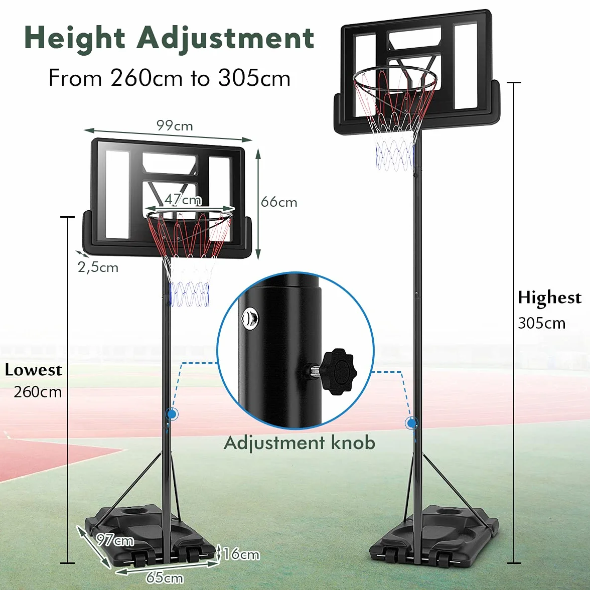 COSTWAY Przenośny stojak do koszykówki, z regulacją wysokości od 260 cm do 305 cm, z nylonową siatką,dla nastolatków i dorosłych