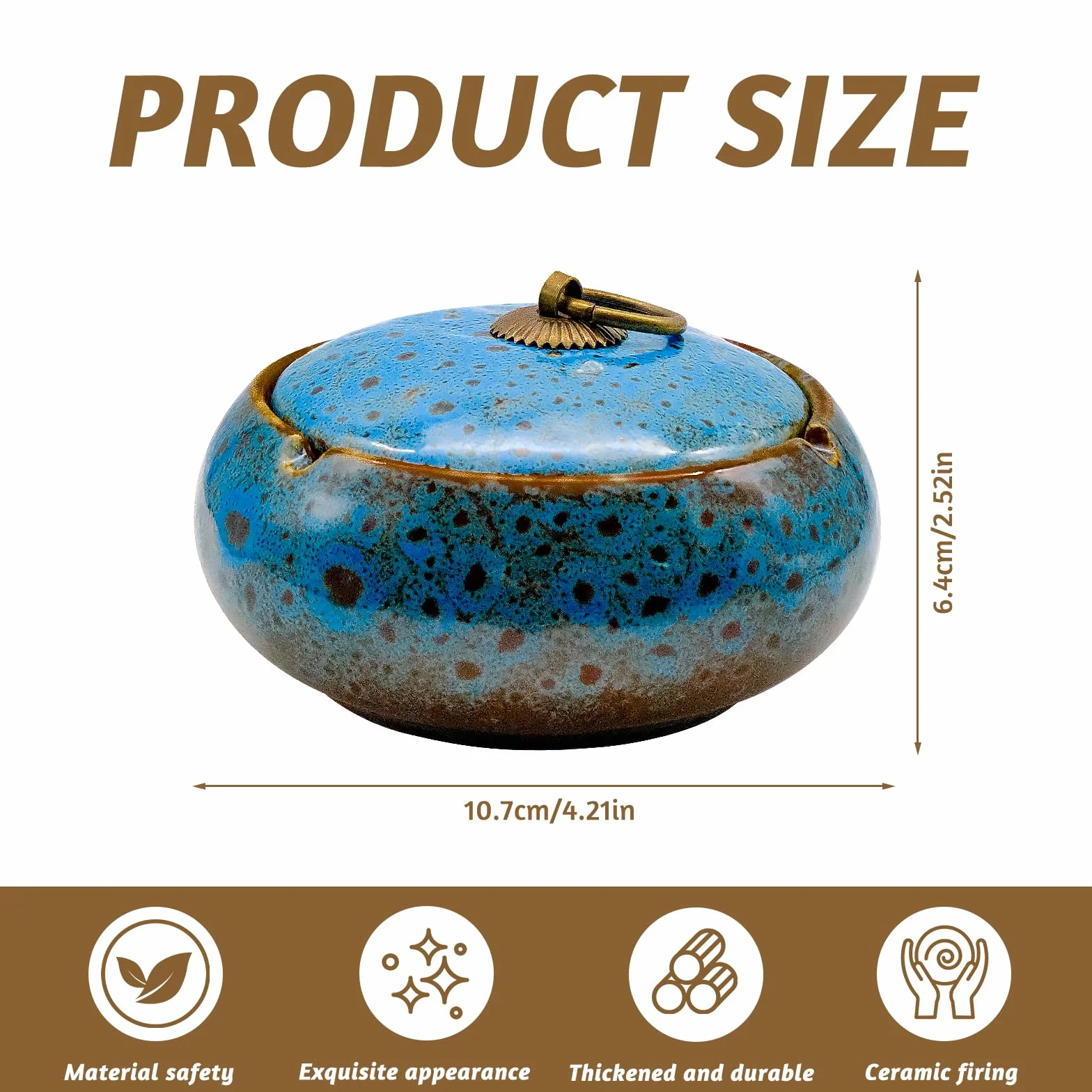 Ceramiczna, stabilna popielniczka z pokrywką, do użytku na zewnątrz i wewnątrz, dla domu i biura (śred. 10,7 x 6,4 cm)