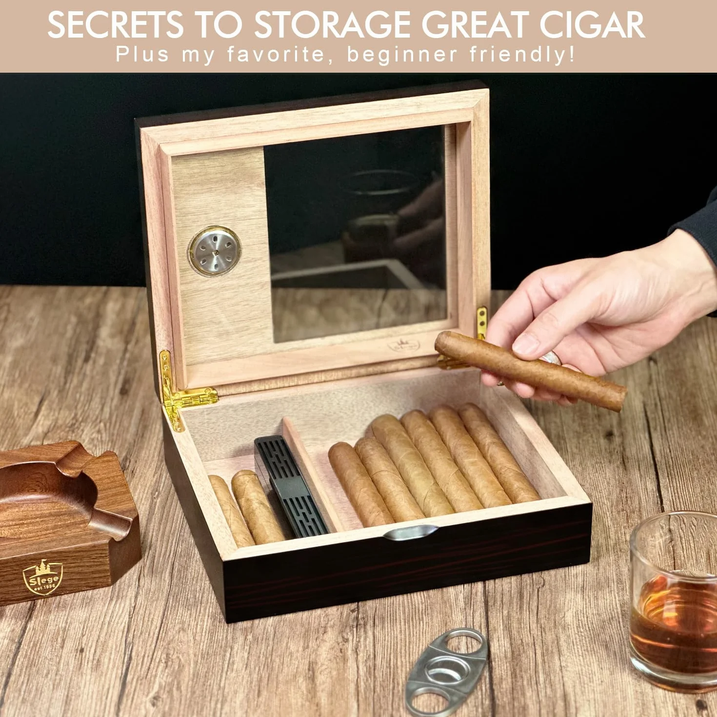 Slege Humidor cygara,pudełko cygara kubańskie cygara,szklany górny nawilżacz hiszpańskie cedrowe cygara,pojedyncza warstwa, nawilżacz powietrza,przegroda, higrometr,akcesoria cygar dla mężczyzn