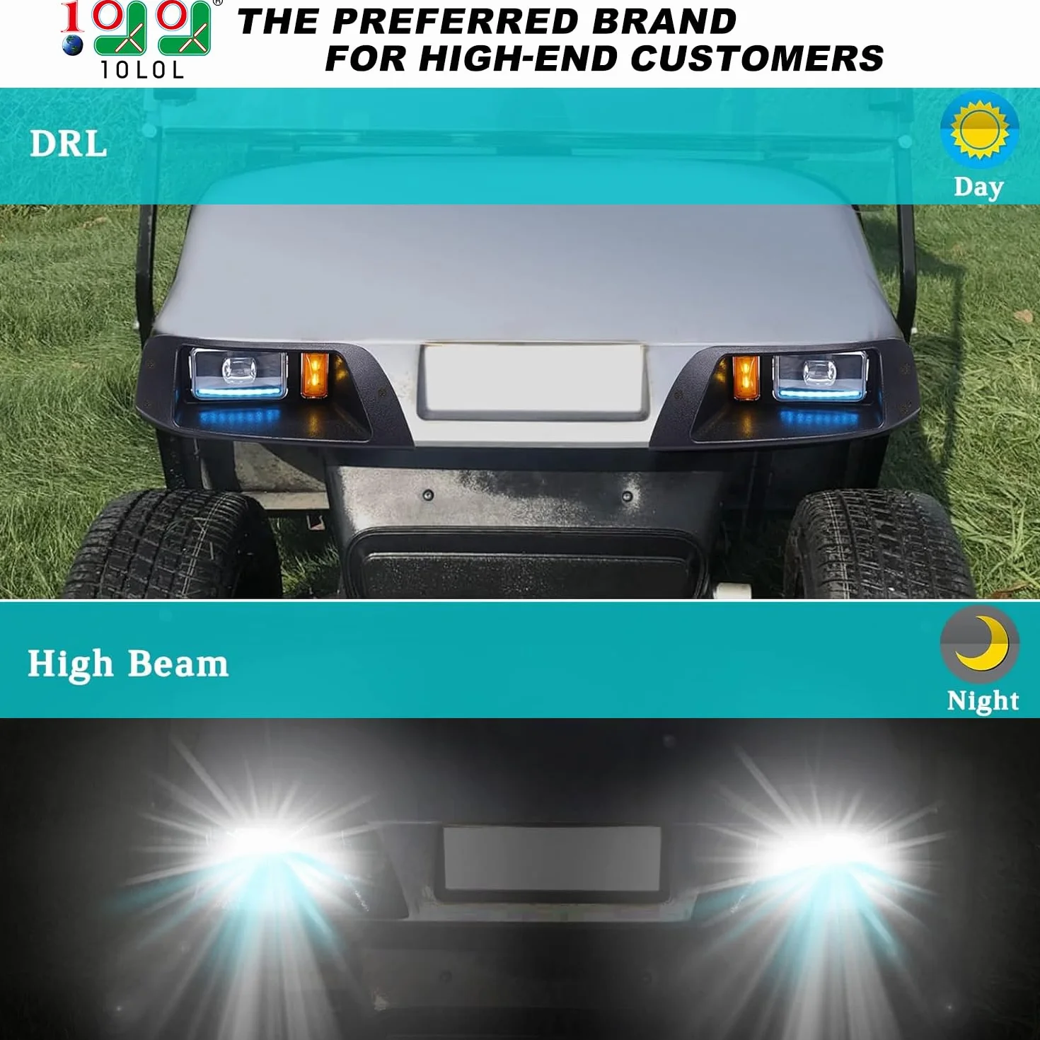 10L0L Zestaw reflektorów LED Deluxe do wózka golfowego EZGO TXT, ze światłami do jazdy dziennej, światłem mijania i kierunkowskazy