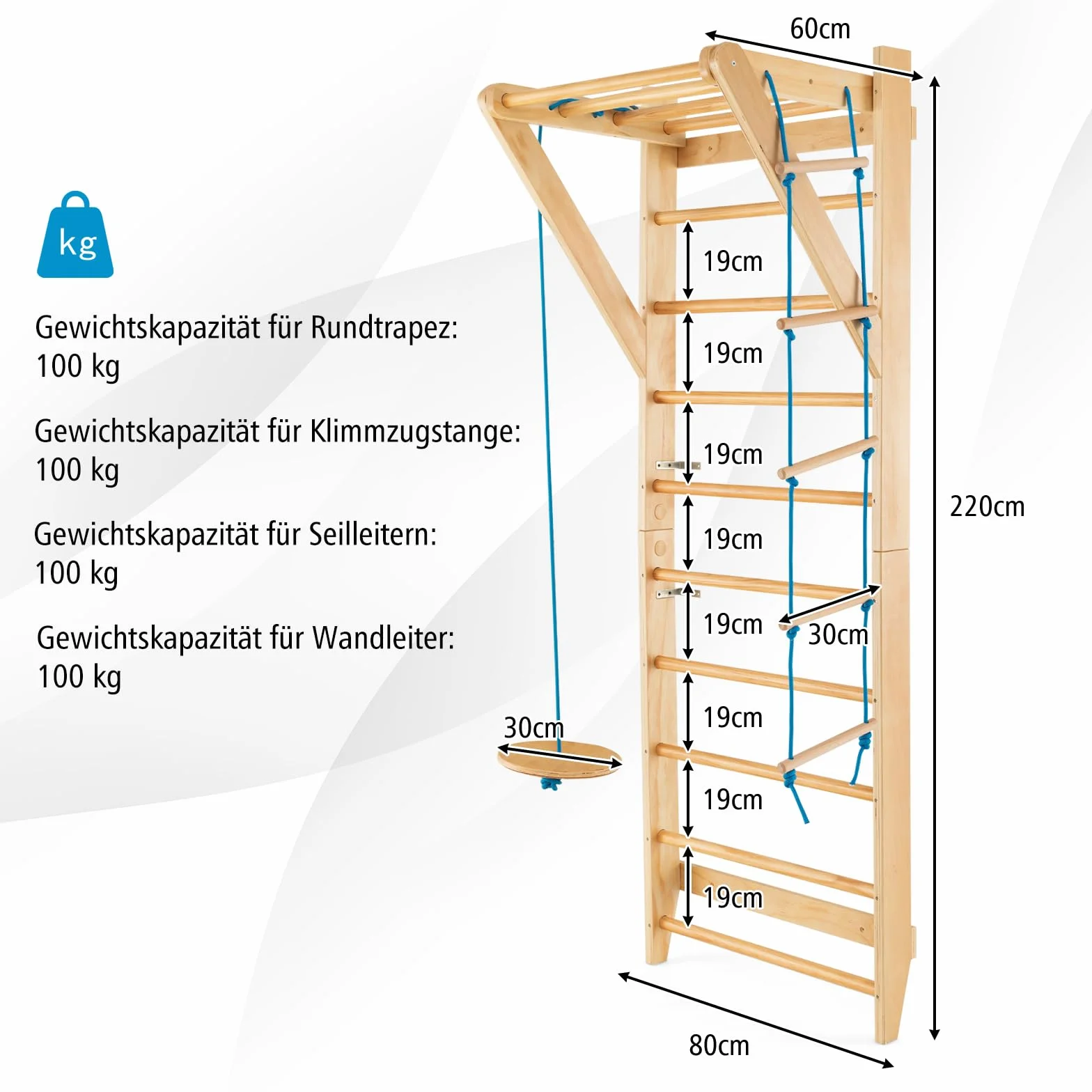 COSTWAY Ścianka ze szczeblami, rusztowanie do wspinaczki, do wnętrz, ścianka gimnastyczna, rusztowanie wspinaczkowe, na zewnątrz, ścianka gimnastyczna, sprzęt sportowy, drewno, nośność 100 kg