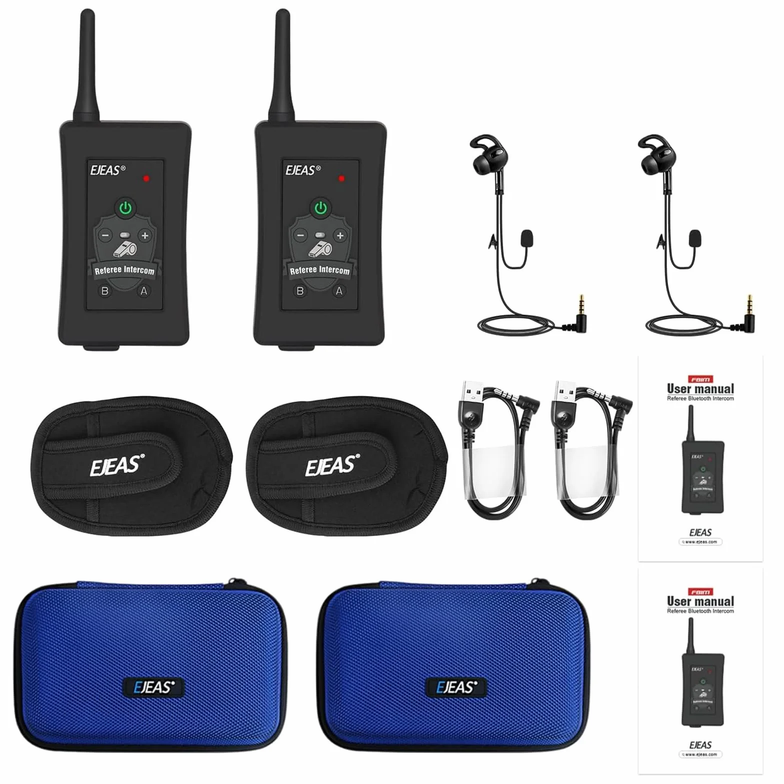 EJEAS FBIM profesjonalny sędzia piłkarski, interkom Bluetooth, system komunikacji, 1500 m, interkom online dla 4 osób, redukcja szumów CVC, z kieszenią na ramię (2 sztuki)