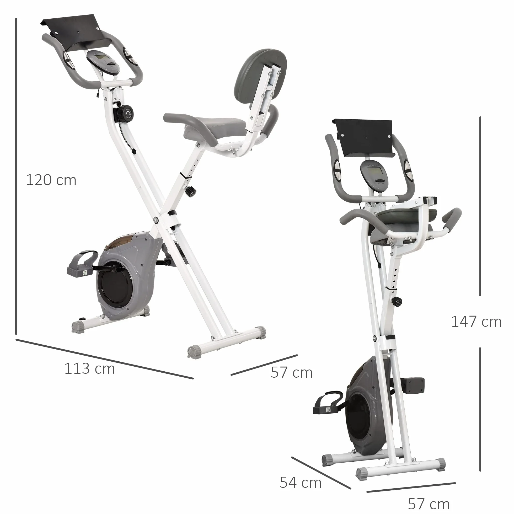 HOMCOM Magnetyczny rower treningowy składany rower fitness rower wewnętrzny duży komfort regulowane oparcie siodełka uchwyty na ekran LCD wielofunkcyjny uchwyt na tablet stalowy biały szary