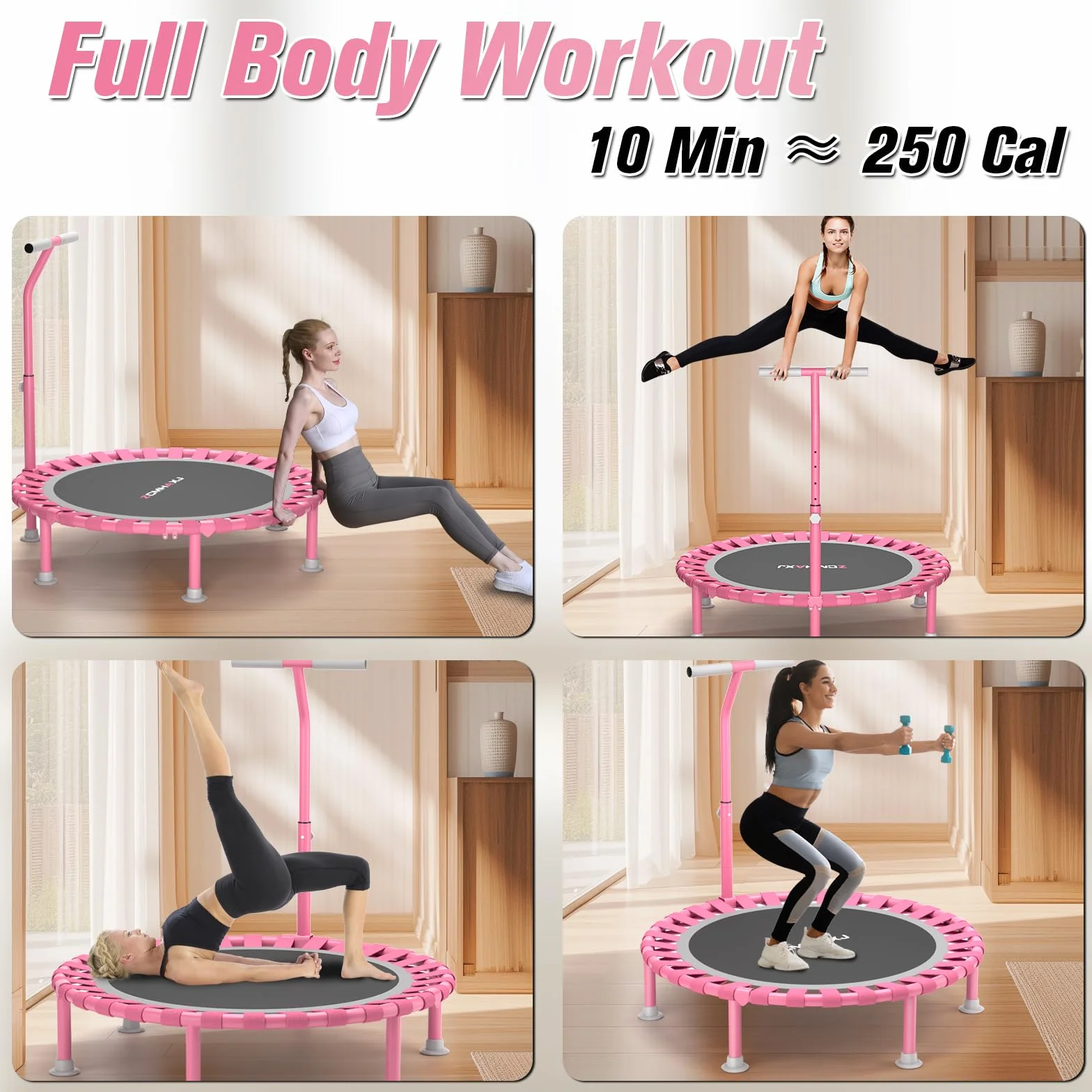 ZCMHAXJ 40-calowa mini trampolina dla dorosłych, wewnętrzna trampolina fitness, nośność 200 kg, cicha aerobiczna trampolina odbijająca