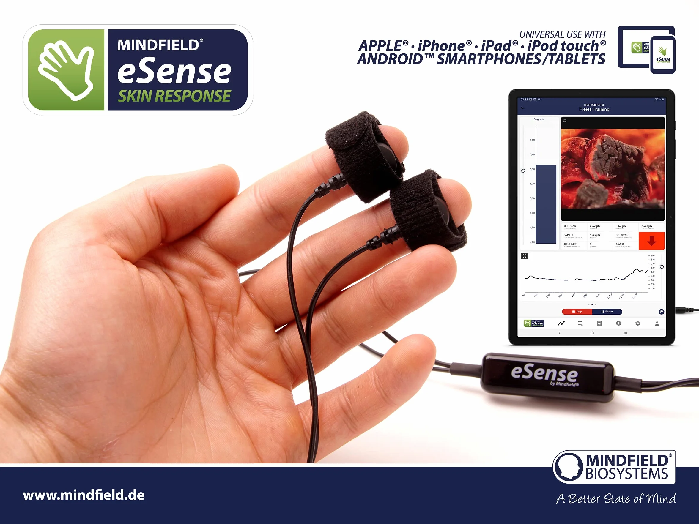 Mindfield eSense Skin Response - czujnik przewodności skóry | Trening Biofeedback i zarządzanie stresem | Z aplikacją na iPhone i Android