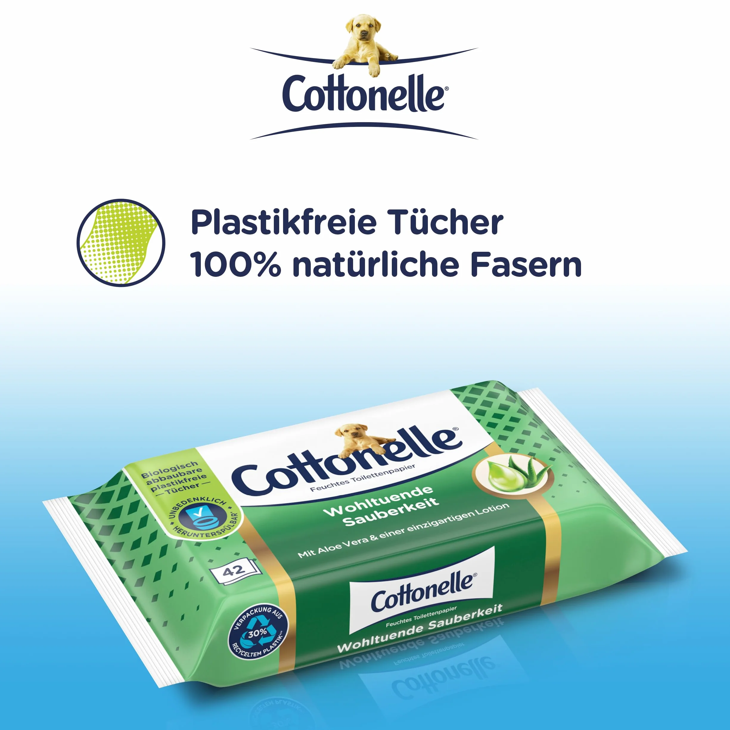 Cottonelle Wilgotny papier toaletowy, kojąca czystość, z balsamem prebiotycznym, biodegradowalny, nie zawiera plastiku, możliwość ponownego zamknięcia, 12 x 42 chusteczki nawilżane