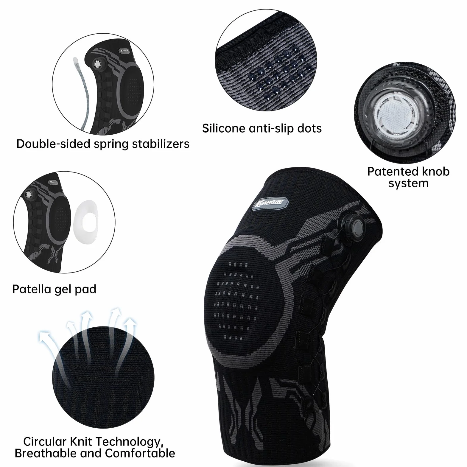 Kuangmi Stabilizator Kolana z Mechanicznym Pokrętłem – Regulowana Kompresja dla Lepszej Stabilizacji i Łagodzenia Bólu, do Sportu i Codziennego Użytku, B-L-XL