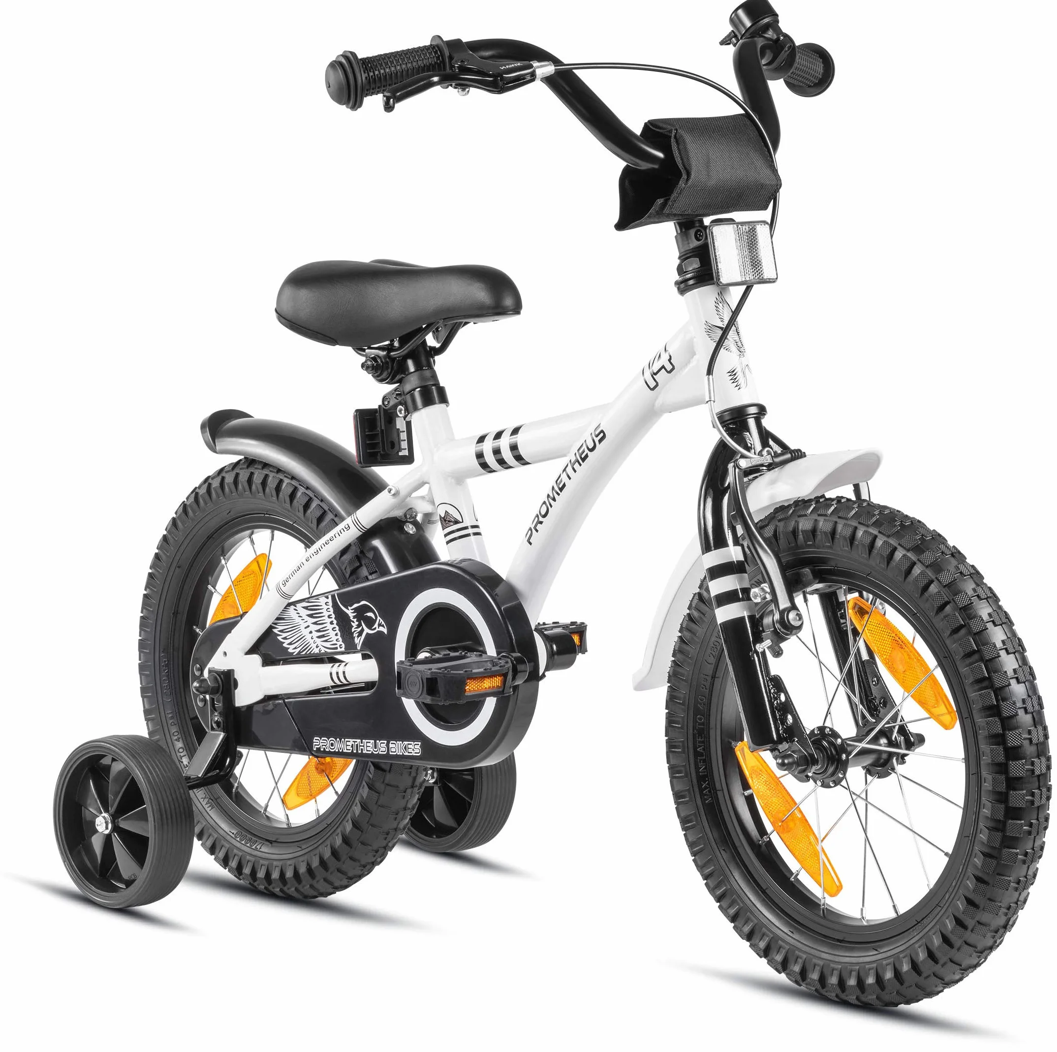 PROMETHEUS BICYCLES Rower dziecięcy 14 cali od 4 lat – rower dziecięcy, dla dziewcząt, chłopców, z kółkami podporowymi, hamulec nożny w kolorze białym