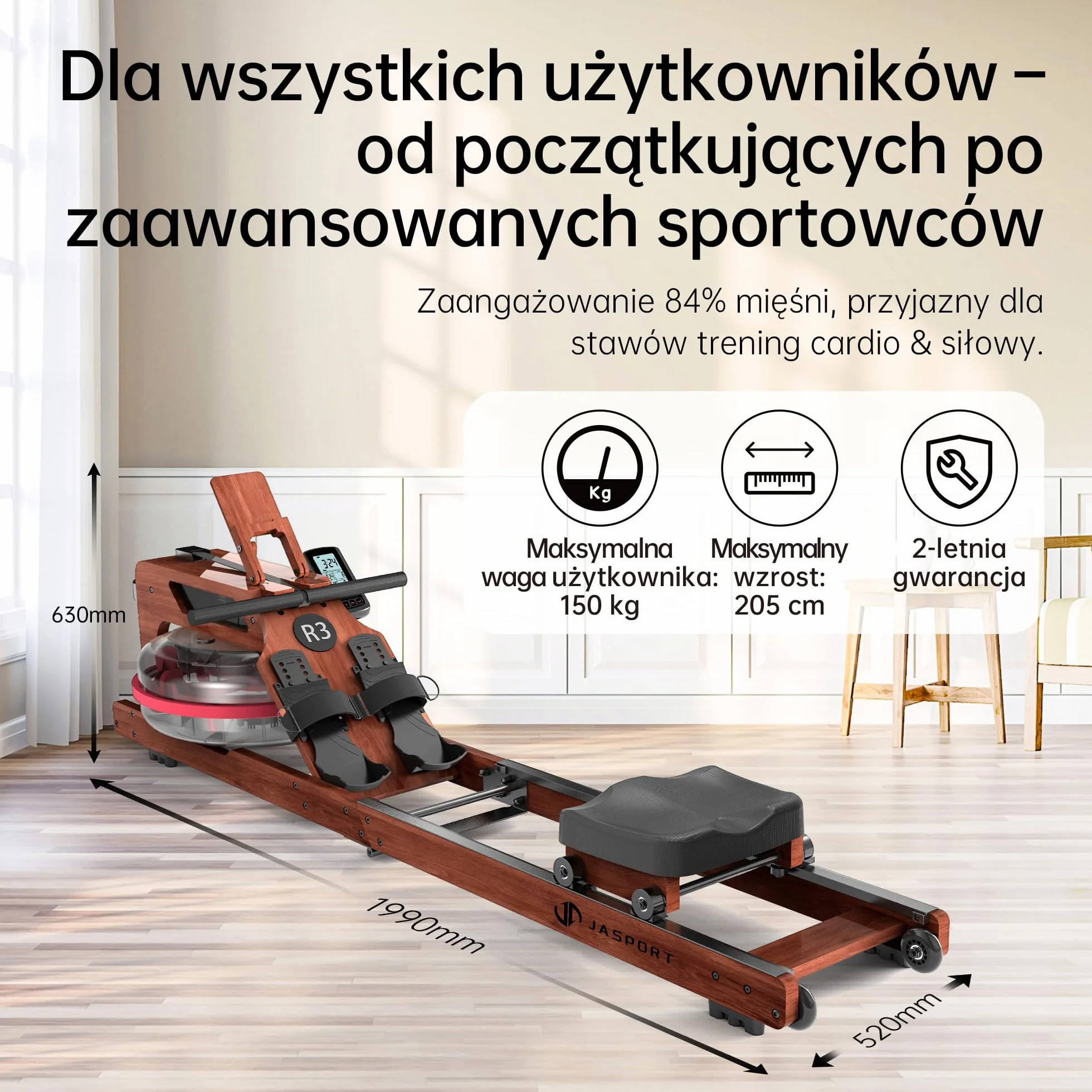 R3 składana maszyna wiosłarska z drewna dębowego, wyświetlacz LCD Bluetooth, kompatybilna z Kinomap, zbiornik 28L, 150 kg