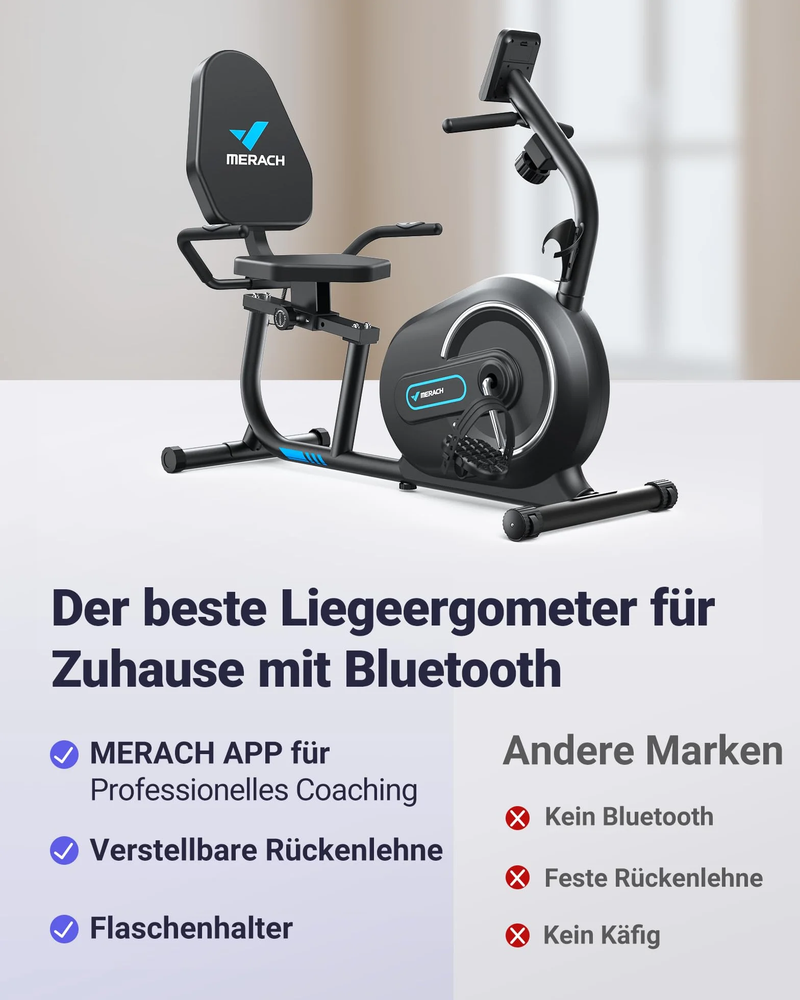 MERACH Domowy ergometr do leżenia z funkcją Smart Bluetooth i ekskluzywną łącznością z aplikacją, LCD, uchwytem pomiaru tętna, magnetyczne urządzenia do leżenia S08